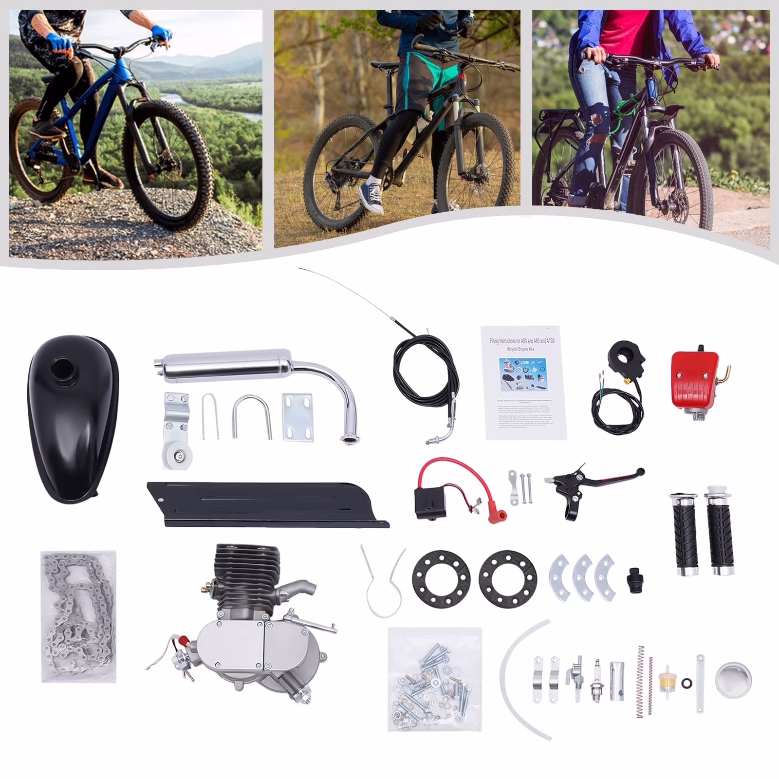 Peakora 100cc 2 - Stroke Bicycle Engine Kit 36 Teeth Bike Motor Kit with Large Fuel Tank Motorized Bike Kit for 26 - 28