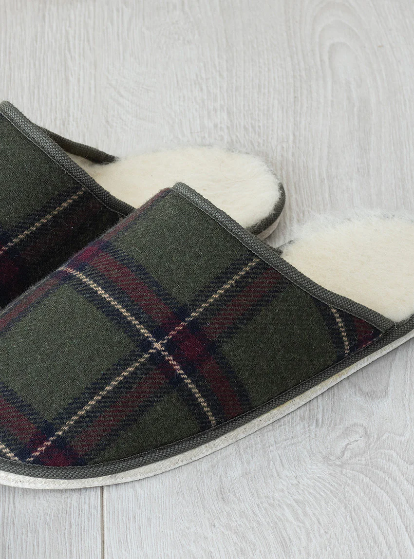 Mules à carreaux made in France vert kaki