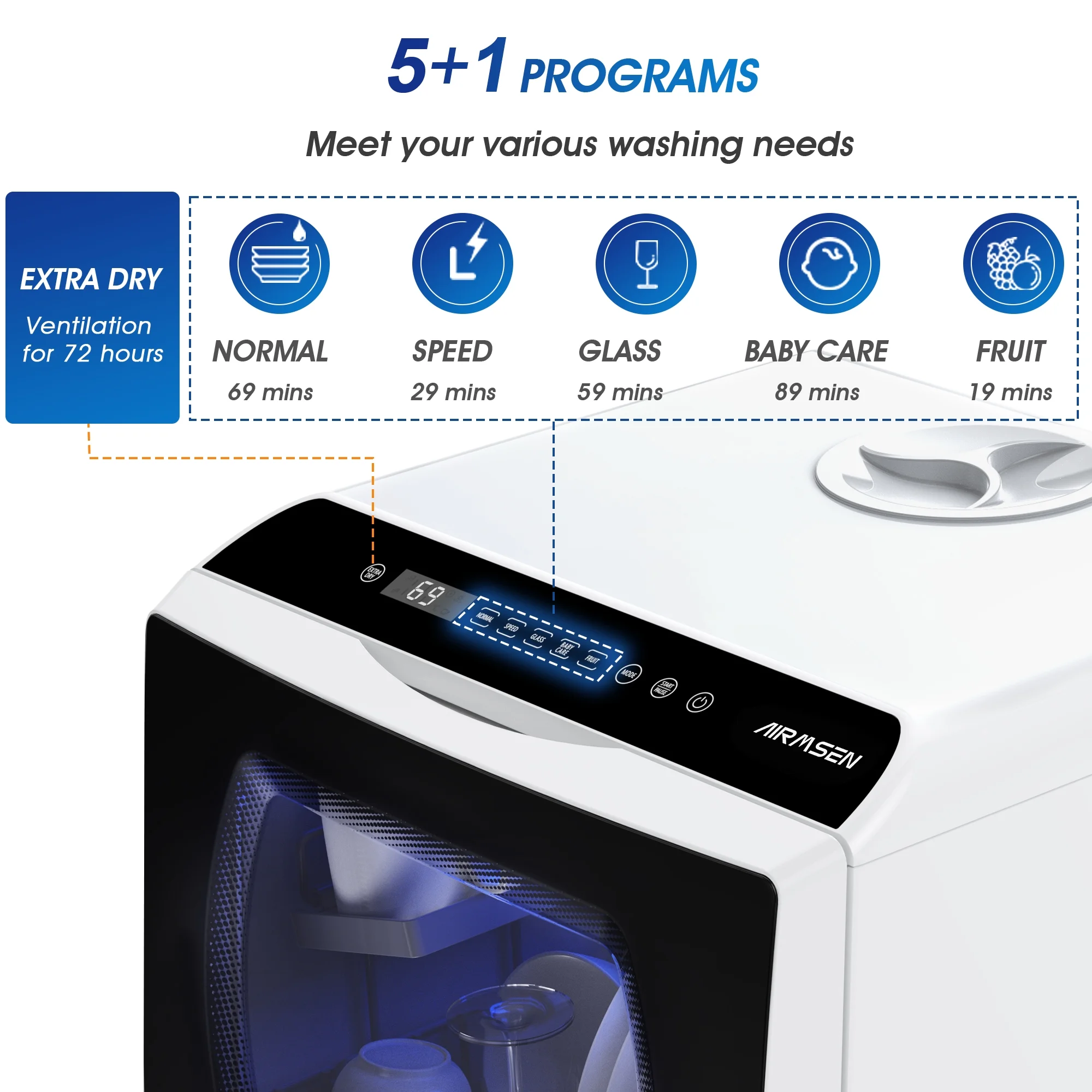 Portable Countertop Dishwasher with 5-Liter Built-in Water Tank and Air-Dry Function, 5 Washing Programs Mini Dishwasher, AE-TDQR03(White;Black) - Image 6