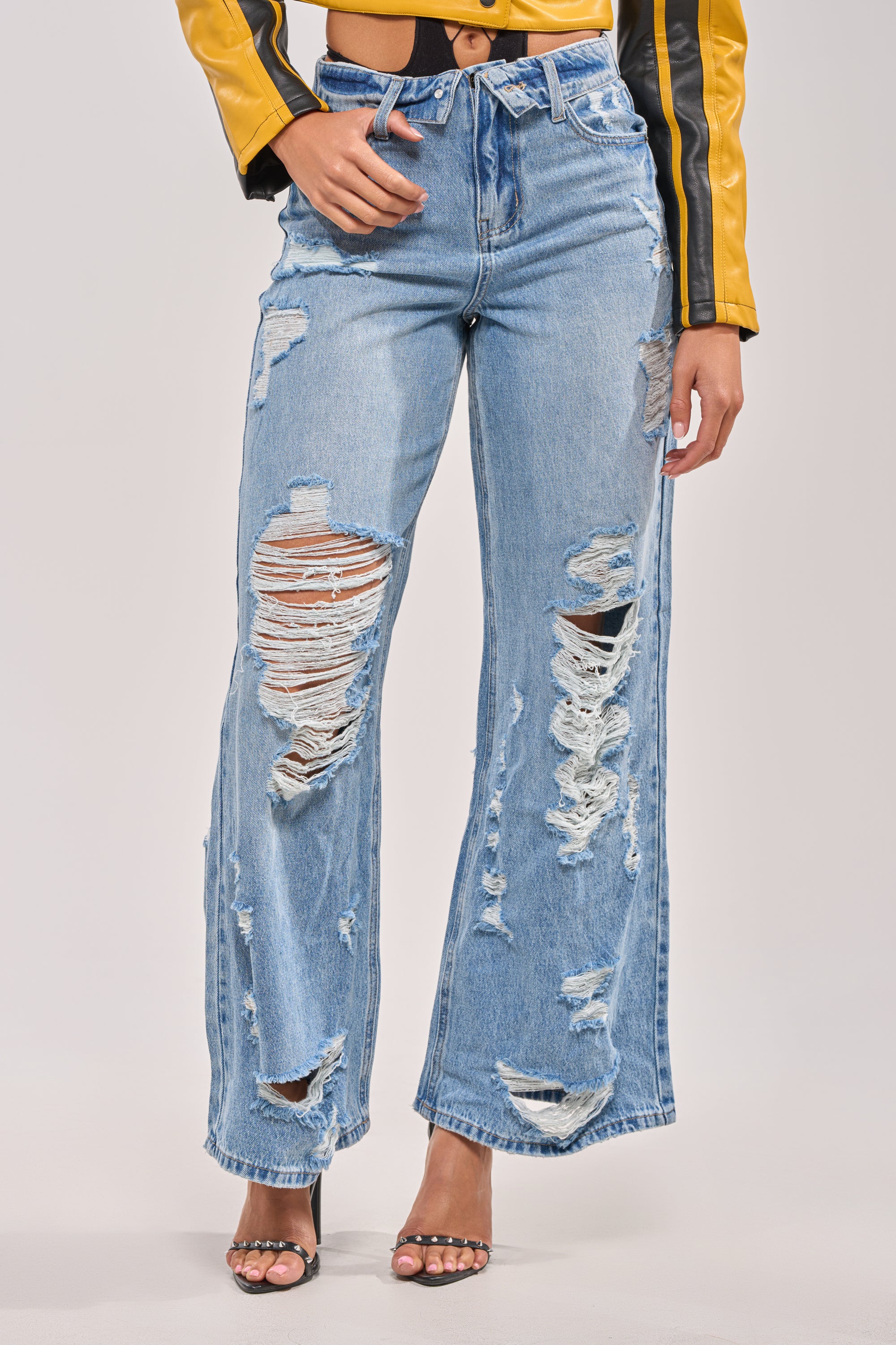 SOMETHING NEW FOLD OVER WAISTBAND DISTRESSED DENIM - Akira Store