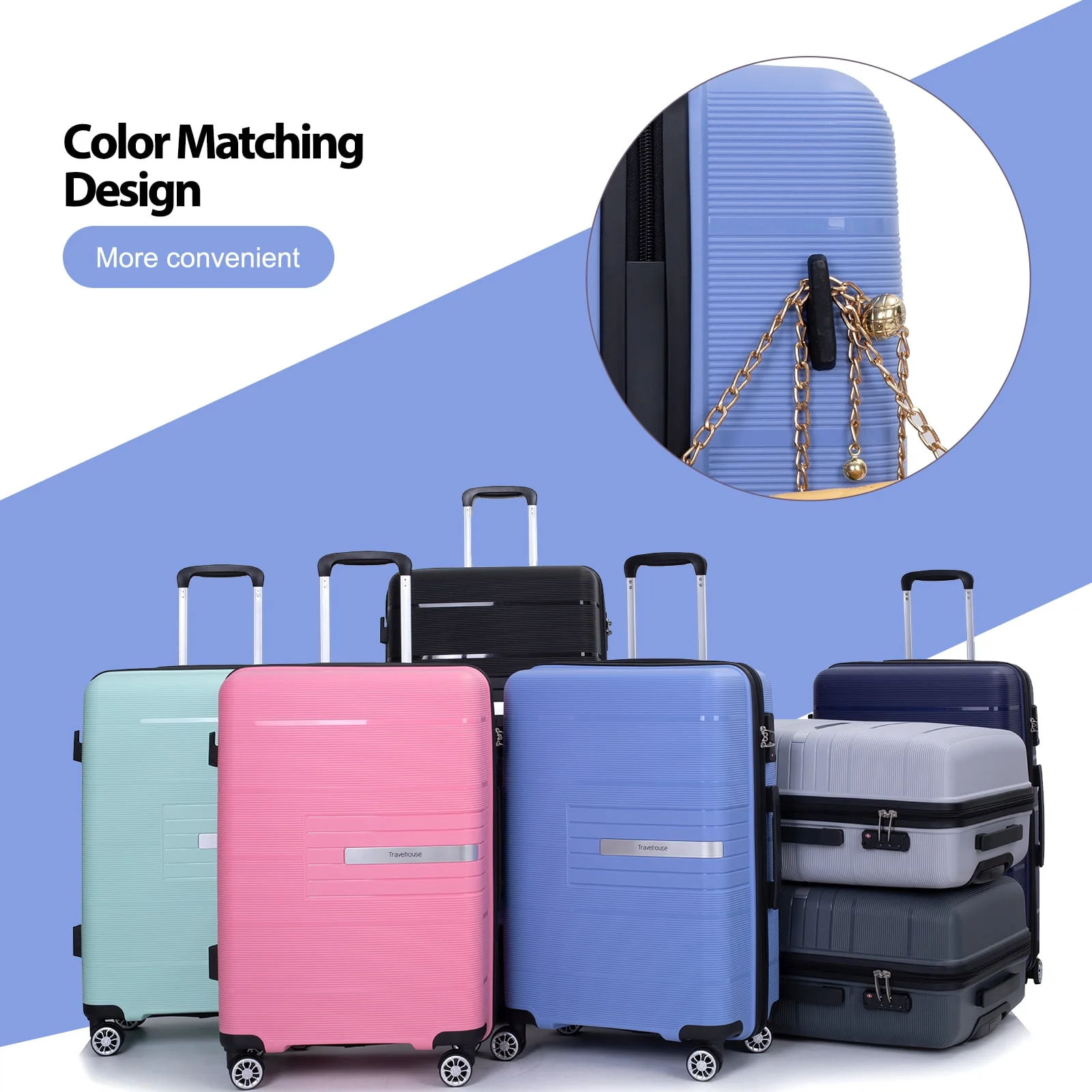 Tripcomp 3 Piece Luggage Sets, Hard Shell Carry on Luggage, PP Case with Two Hooks, Spinner Wheels, TSA Lock, Airline Approved, Lightweight Durable Suitcase, （20