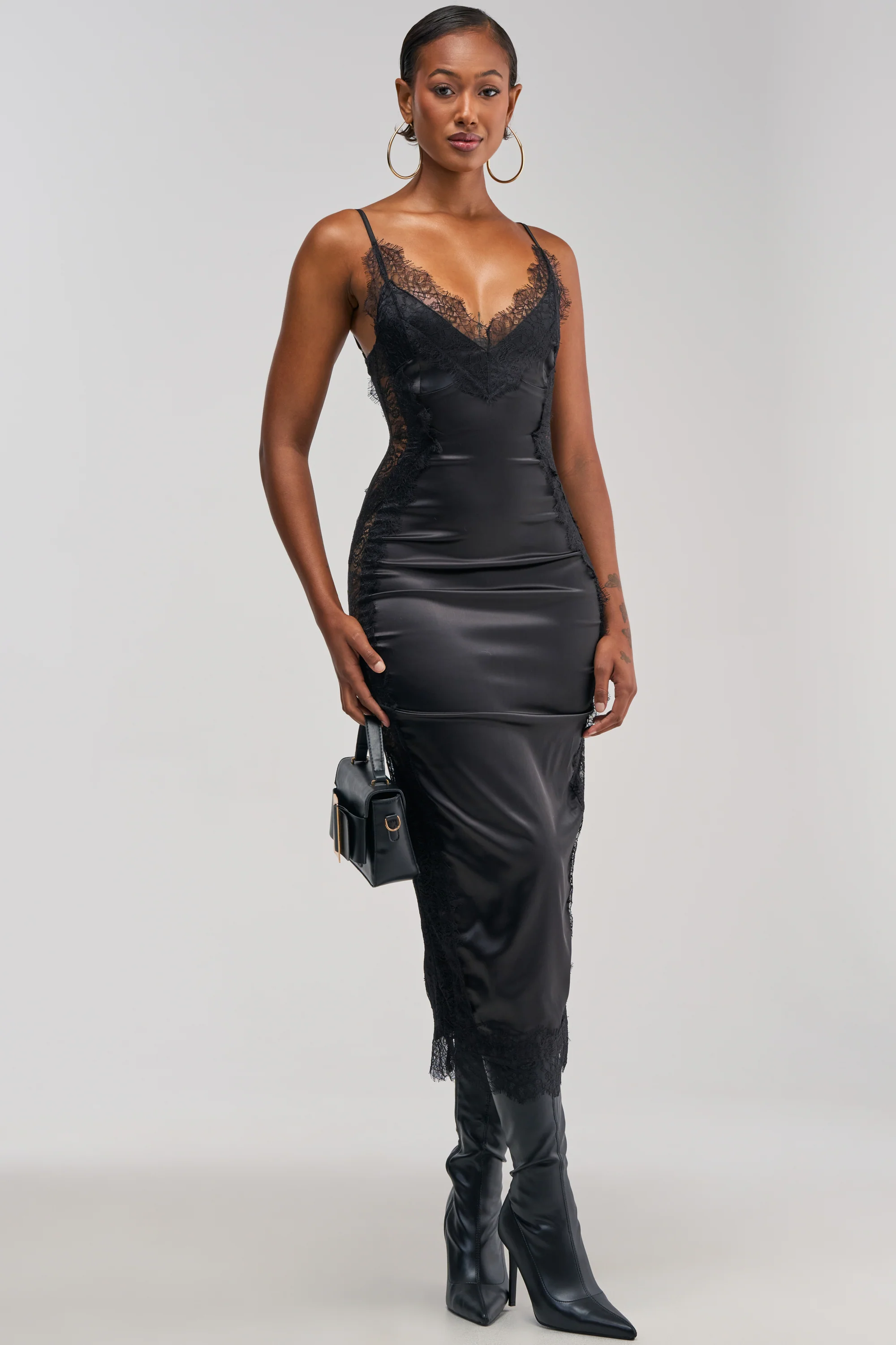 ESSENTIAL LACE TRIM SATIN MIDI DRESS IN BLACK - Akira Store