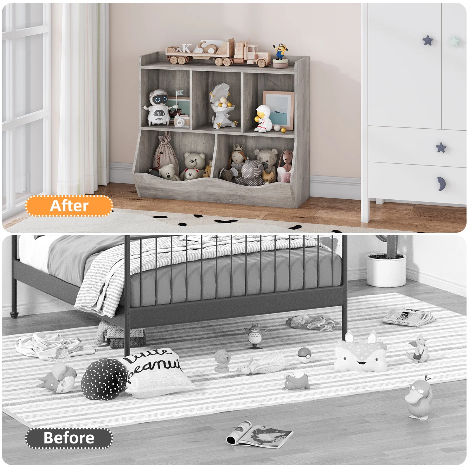 Kids Bookshelf and Bookcase Toy Storage Multi Shelf with Cubby Organizer Cabinet for Boys Girls,for Children Playroom Hallway Kindergarten School (White)(grey) - Image 4
