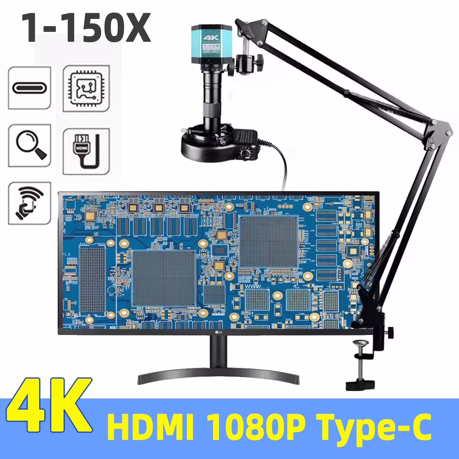 Digital Microscope for Adult 13MP 1080P HDMI VGA Industrial Video Microscope with 150X Zoom C-Mount Lens Foldable Stand LED Ring Light for Electronics Inspection, Jewelry and Watch Repair(13MP/HDMI/1080P/VGA) - Image 3