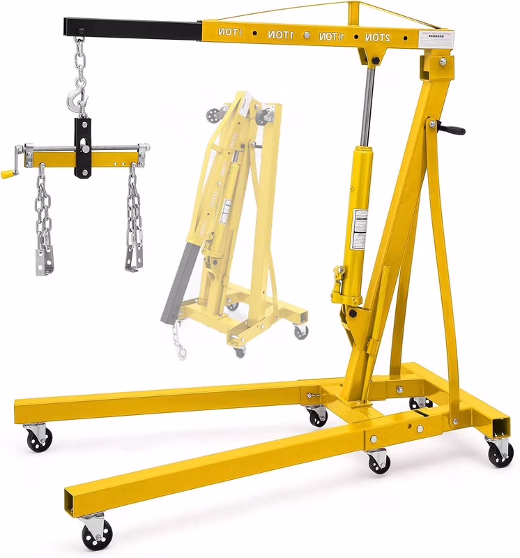 Hydraulic Engine Hoist,4400lbs Max Weight,Folding Engine Lift Shop Crane with Lever and 6 Steel Caster Wheels,Yellow(yellow)