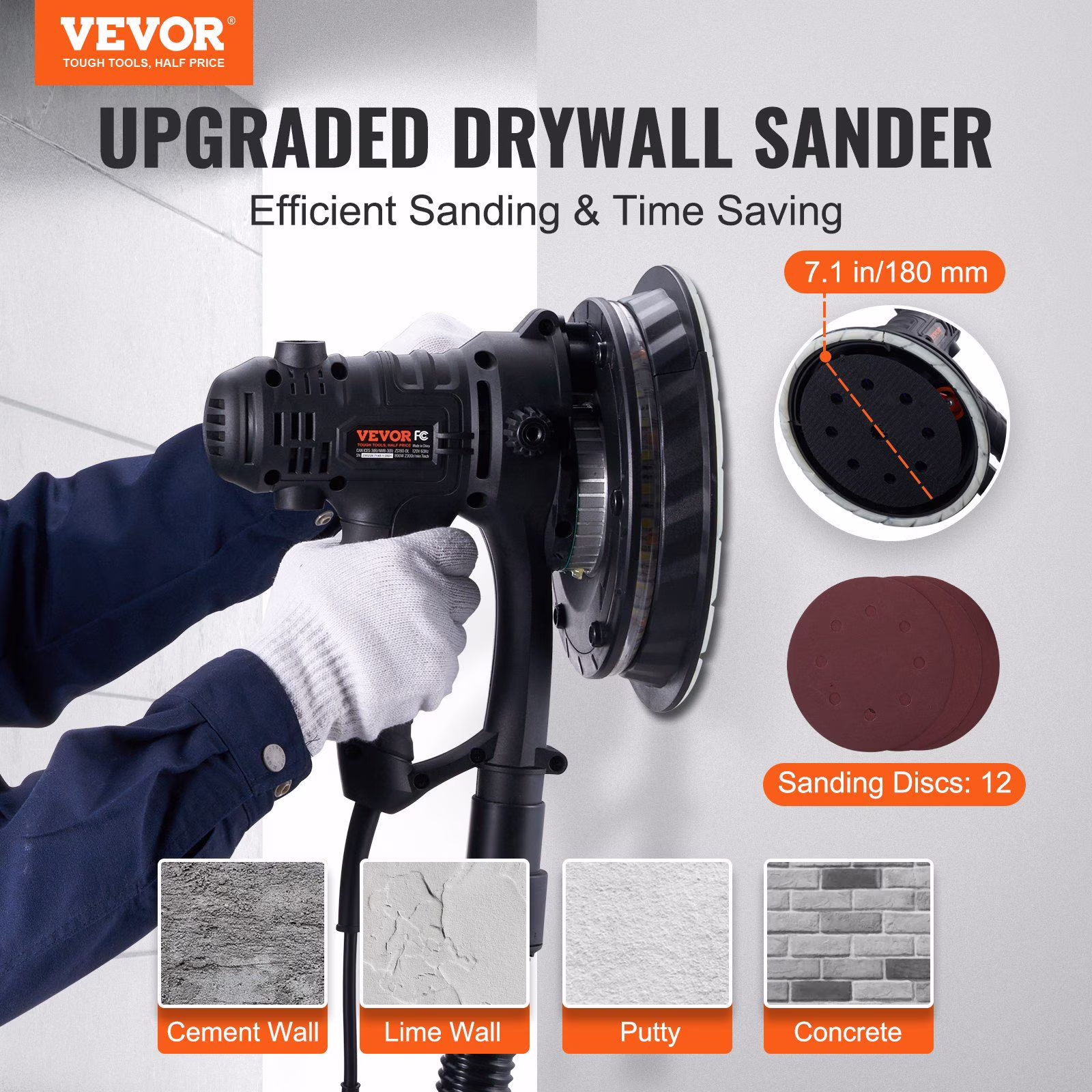 Variable Speed Drywall Sander 800W, Auto Dust Vacuum, 1200-2300 RPM Brush Motor, Ergonomic Drywall Tool for Smooth Finishing