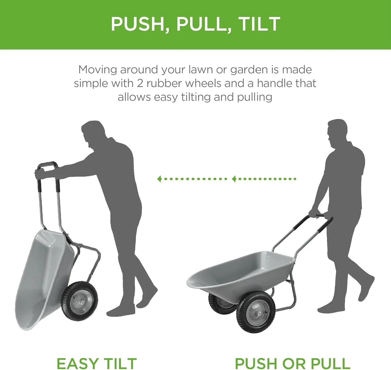 SAZYY Heavy-Duty Dual-Wheel Home Utility Yard Wheelbarrow & Garden Cart with Built-in Stand �C Versatile Solution for Lawn Care, Gardening & Construction Tasks, Gray