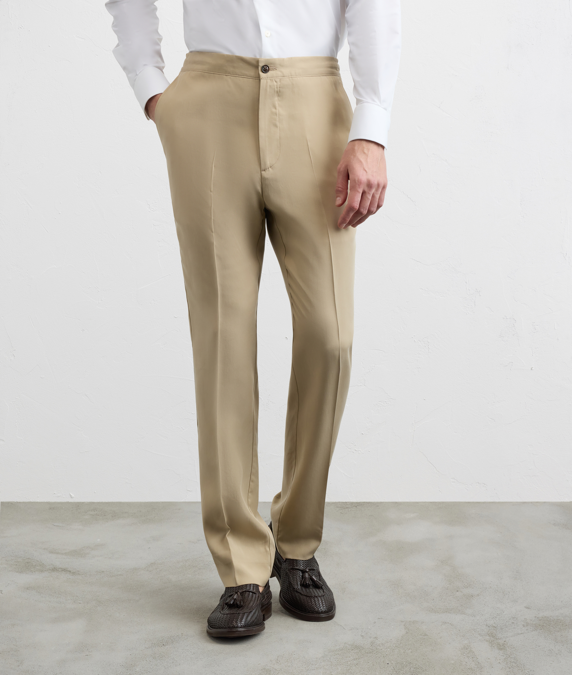 MIXED COLOR STRIPED LYOCELL TROUSERS WITH LIGHT BROWN DRAWSTRING