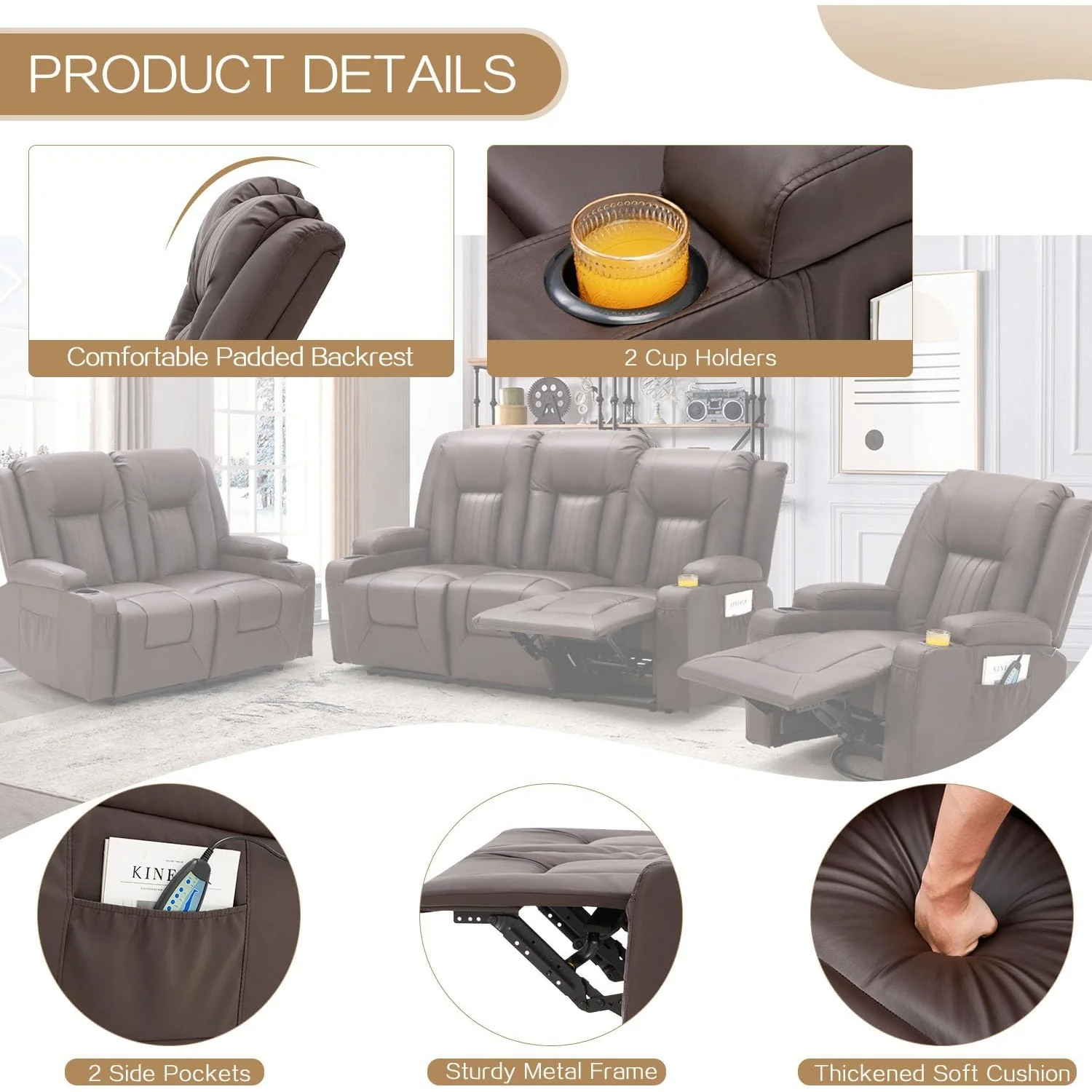 AECOJOY 3 PCS Leather Recliner Sofa Set with Swivel Massage Chair, Brown
