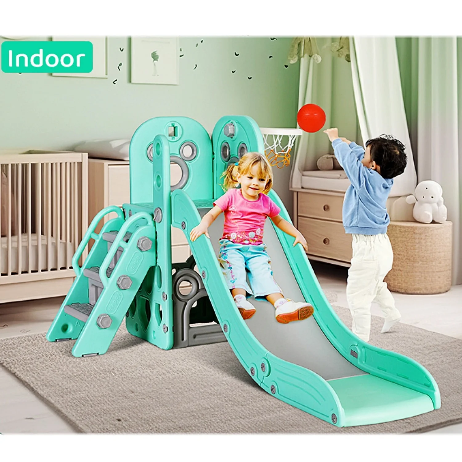 Sturdy Kids Slide, 4 in 1 Toddler Slide and Climber Playset with Basketball Hoop Storage Space, Non Slip Steps, Indoor Outdoor Toys for Boys Girls Image 10