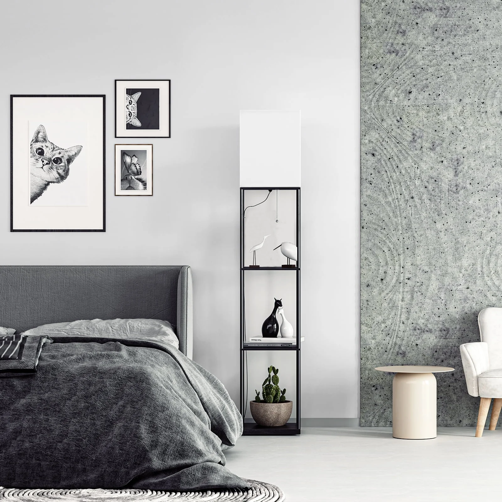 Modern Iron Shelf Floor Lamp with 3 Way Dimmable LED Bulb, Shelves and White Shade for Living Room and Bedroom(Black) Image 6