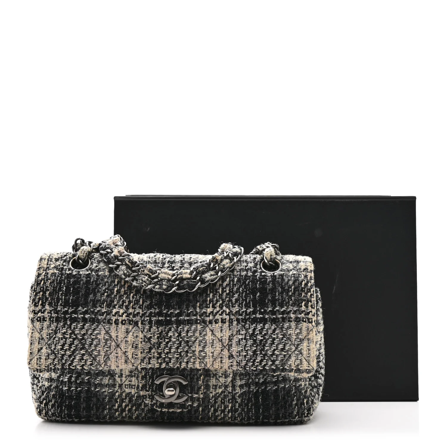 Tweed Quilted Medium Double Flap Beige White Black