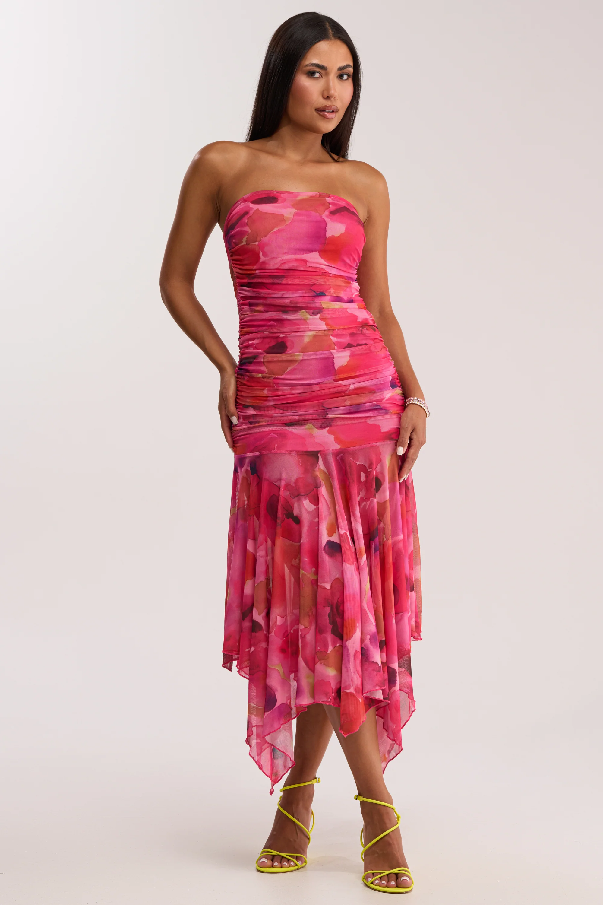 BRUNCH DATE MESH MIDI DRESS IN PINK MULTI - Akira Store