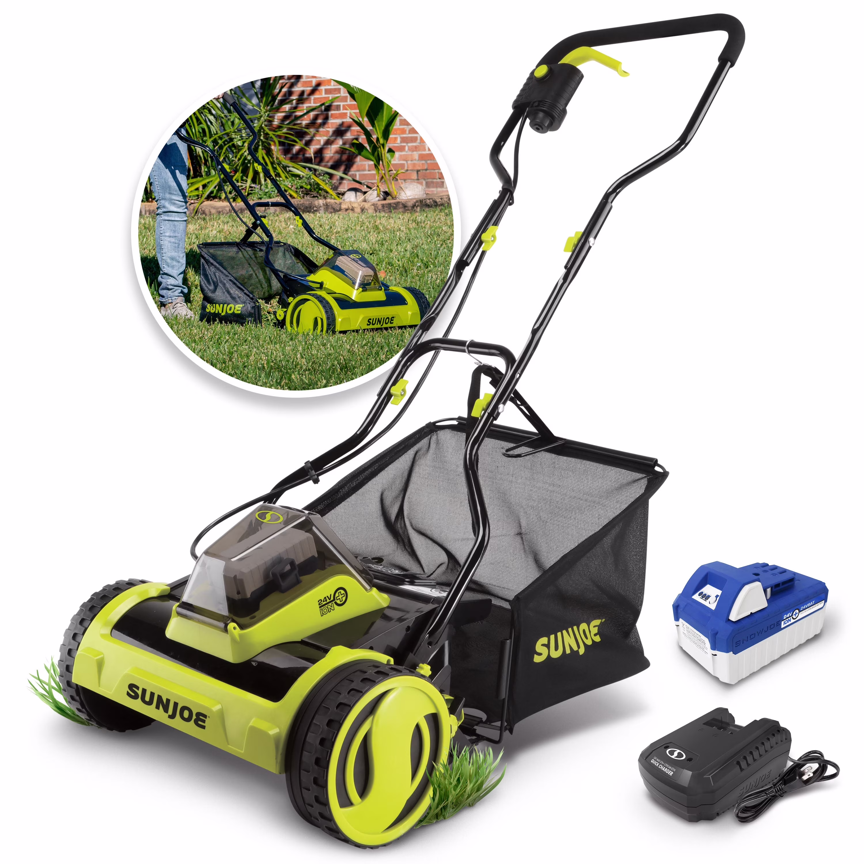 24V Cordless 15-inch Push Reel Lawn Mower, 4-Position, 4.0-Ah Battery Charger(4 Amps)