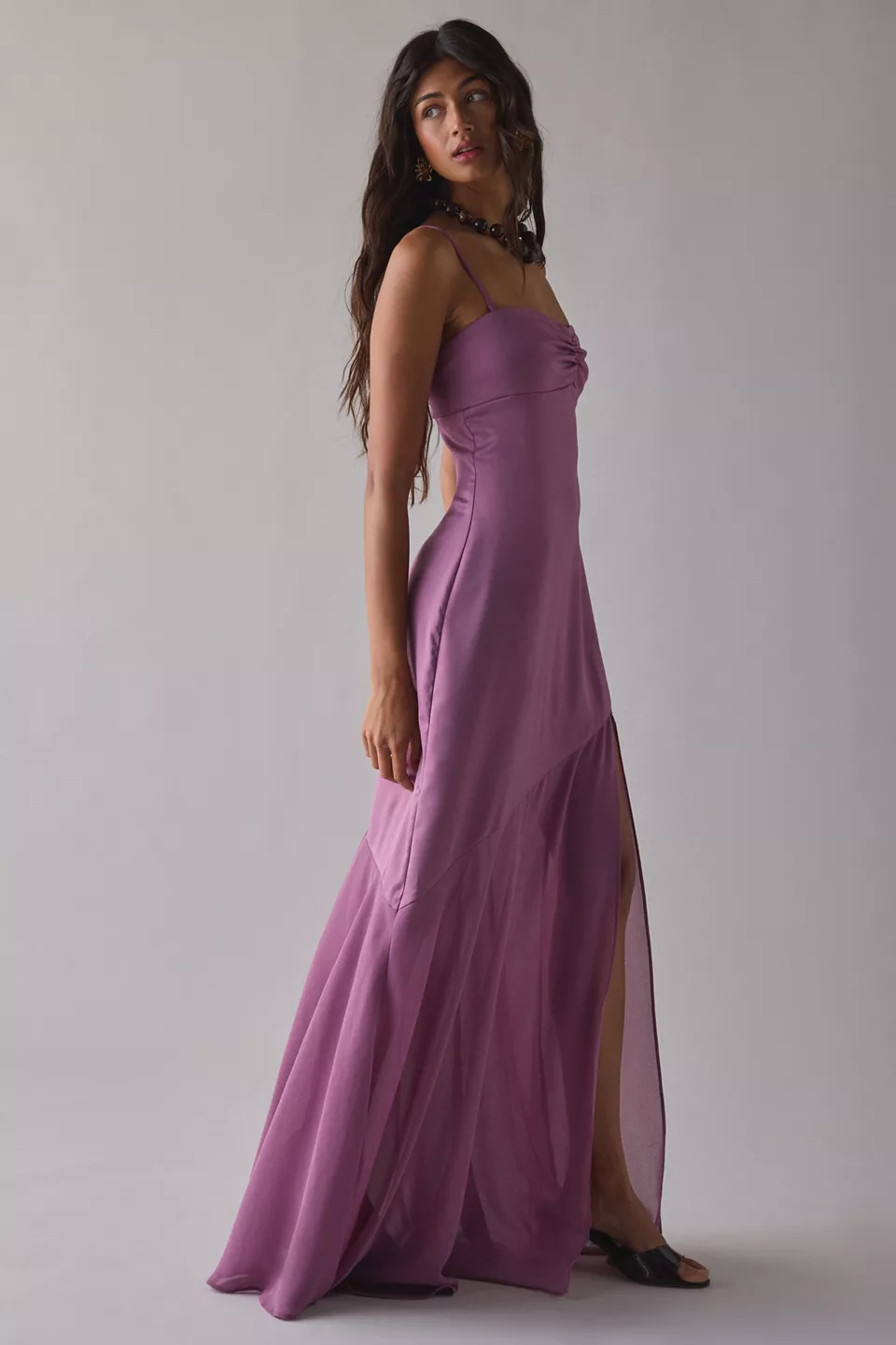 UO Sky High Sheer Illusion Asymmetric Maxi Dress-Purple