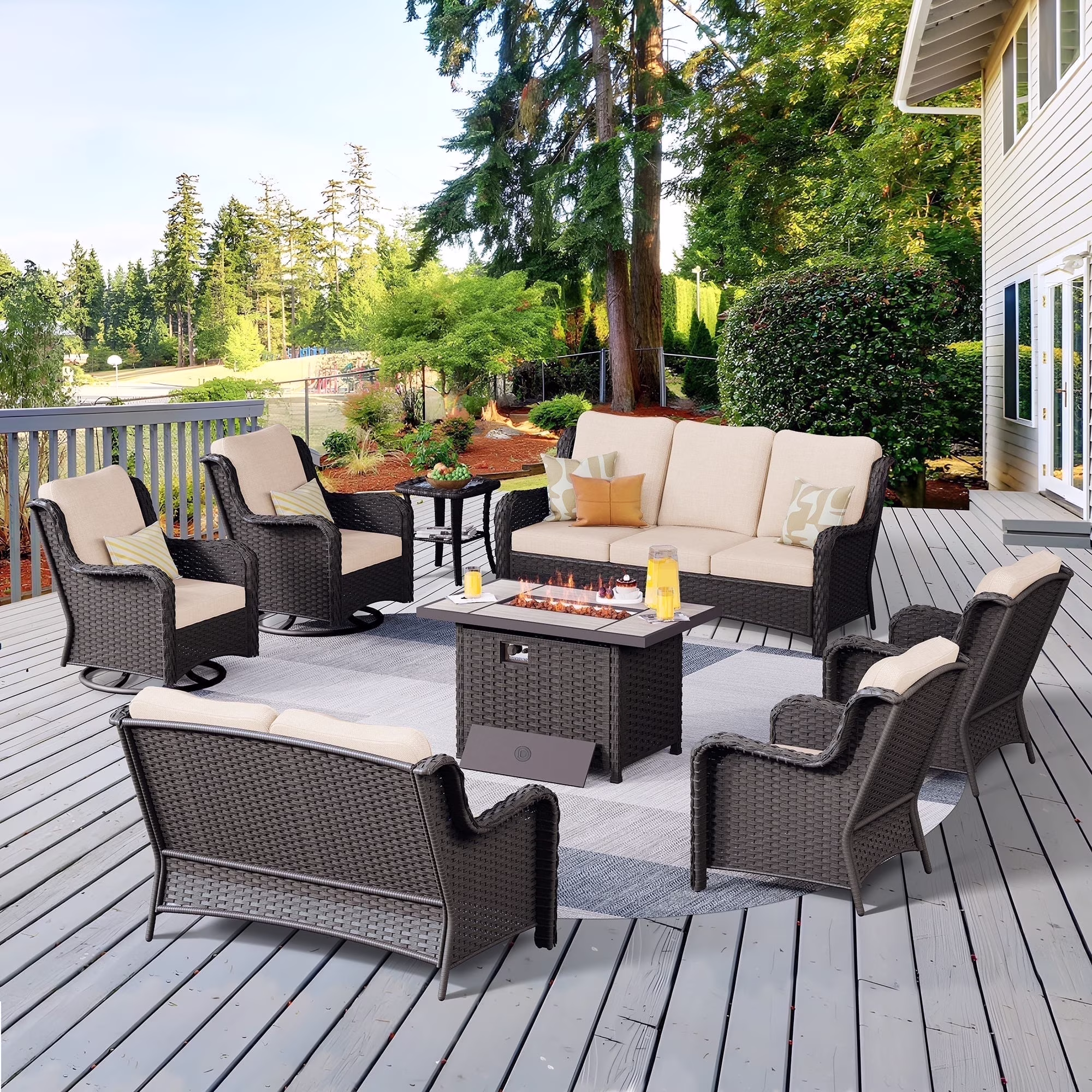8 Pieces Outdoor Patio Furniture Sectional Sofa All-weather Conversation Set with Swivel Rocking Chairs and Fire Pit Table for Garden,Poolside,Gray(Gray/Gray) - Image 3