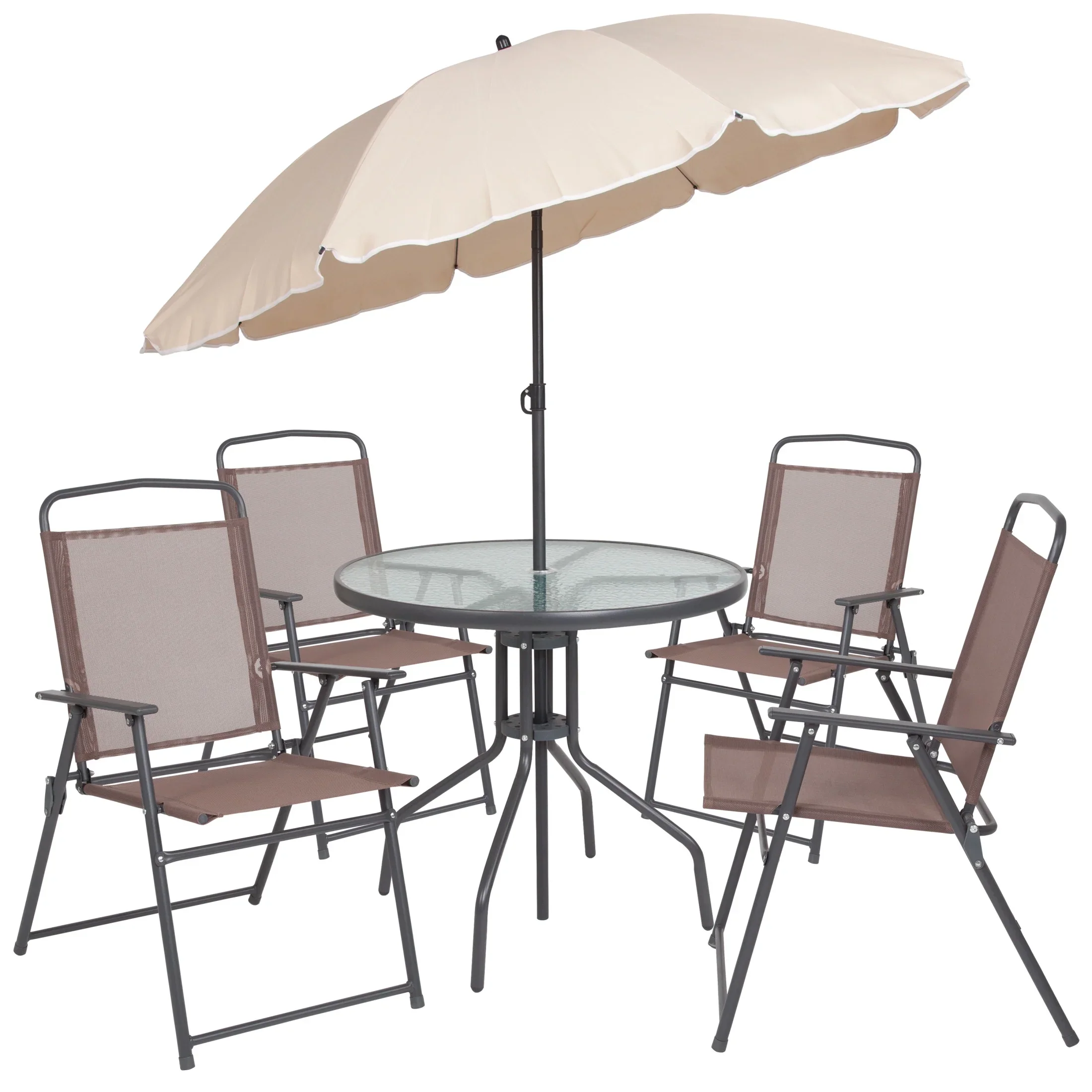 Flash Furniture Nantucket 6 Piece Black Patio Garden Set with Umbrella Table and Set of 4 Folding Chairs