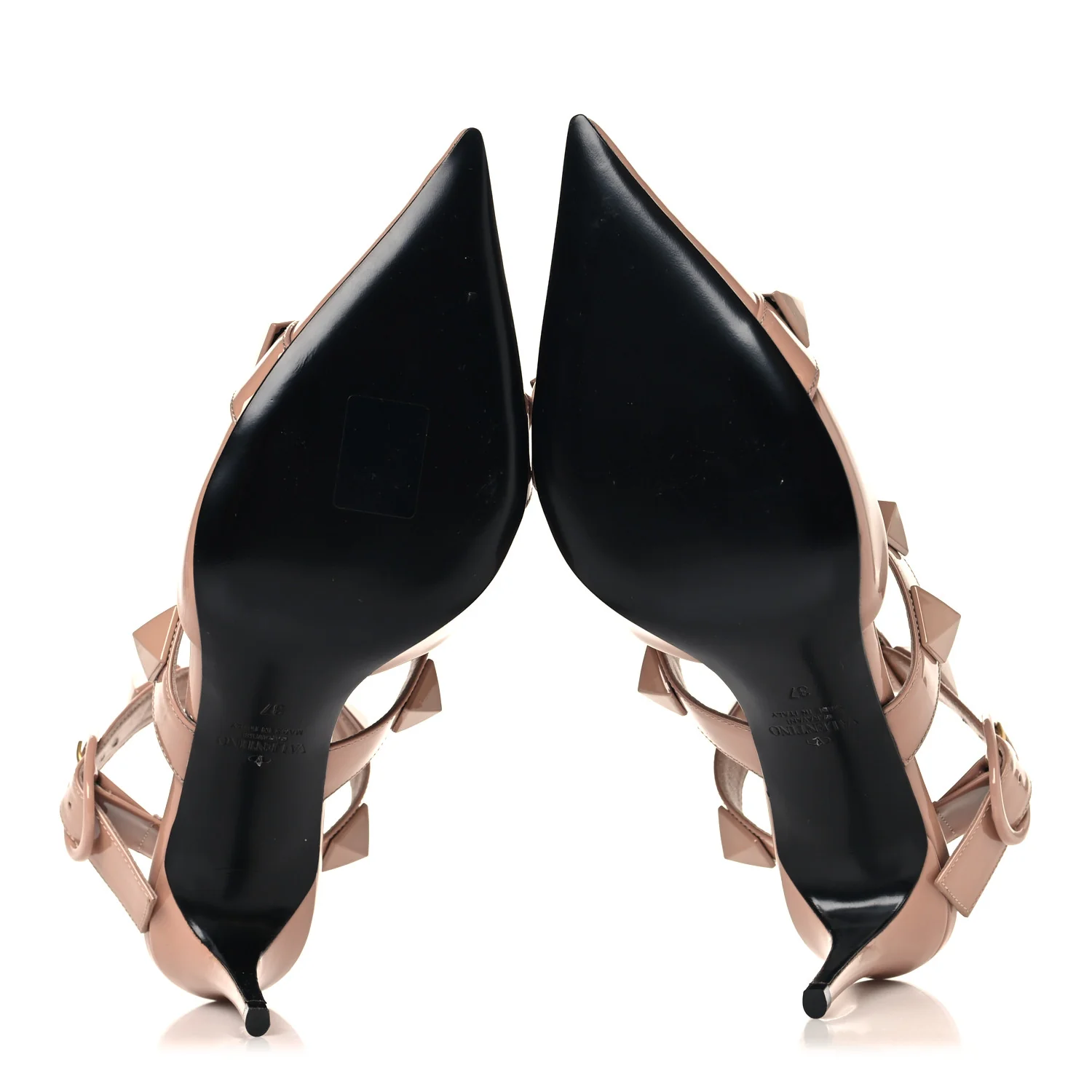 Patent Enamel Monochrome Roman Stud Ankle Strap 80mm Pumps 37 Rose Cannelle