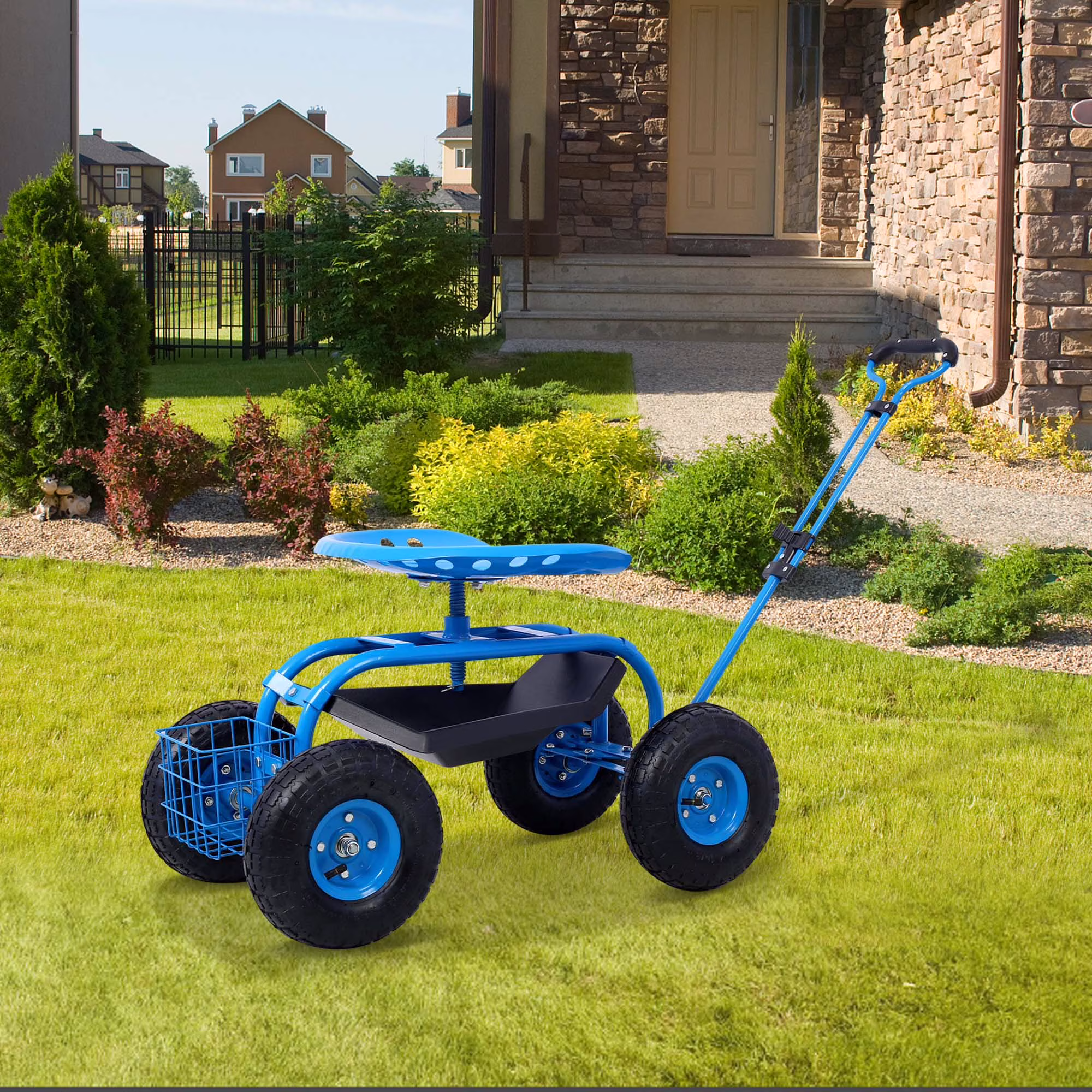 Aukfa Rolling Garden Cart Scooter with Swivel Seat, Wheels, and Tool Tray - Red