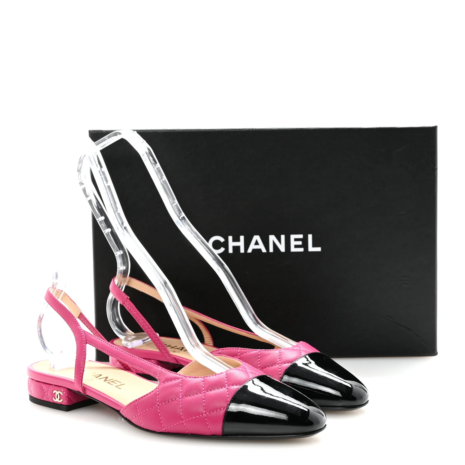 Lambskin Patent Cap Toe CC Slingback Flats 37.5 Fuchsia Black