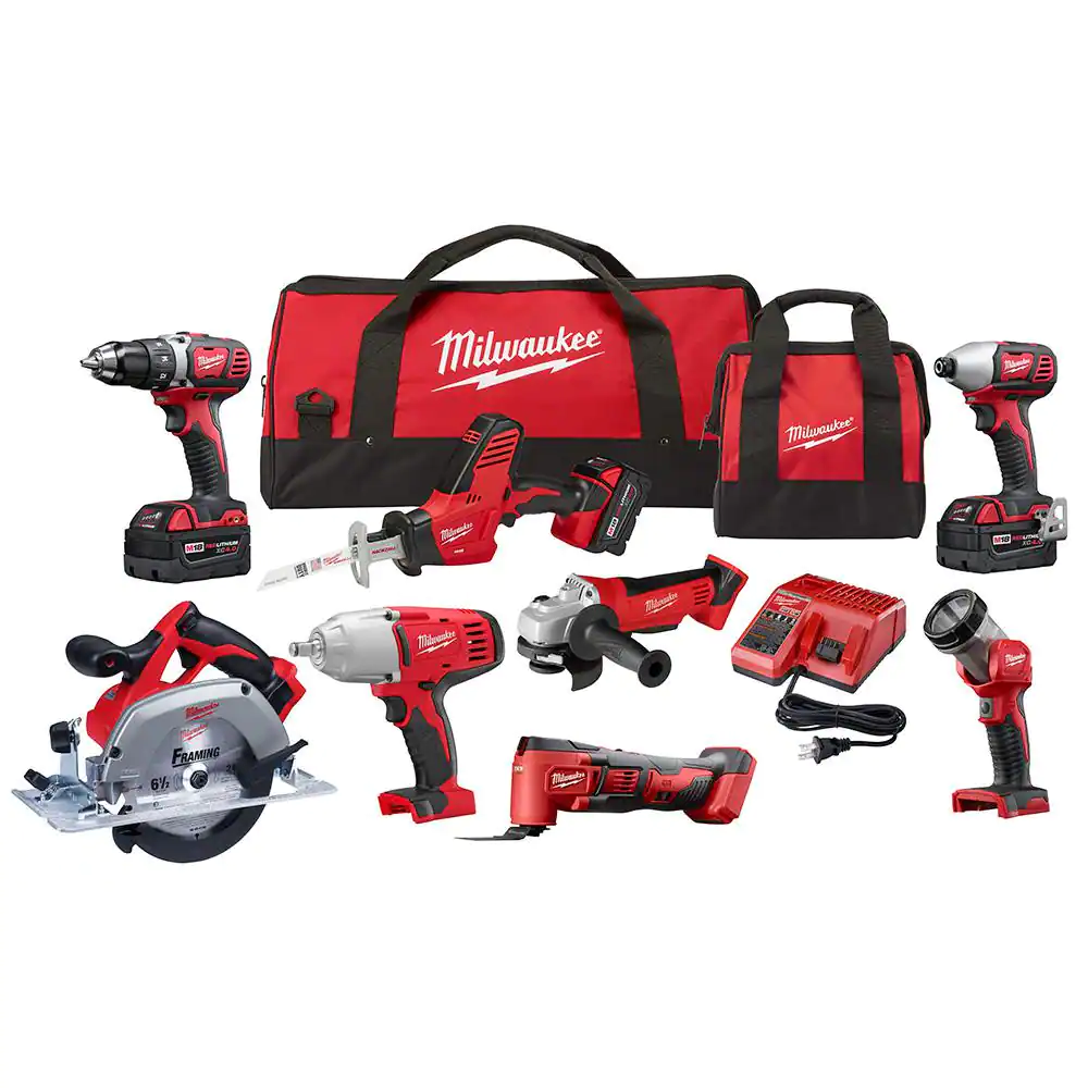 Kit combiné sans fil M18 18 V Lithium-Ion (8 outils) avec trois batteries 4,0 Ah, un chargeur et deux sacs à outils.