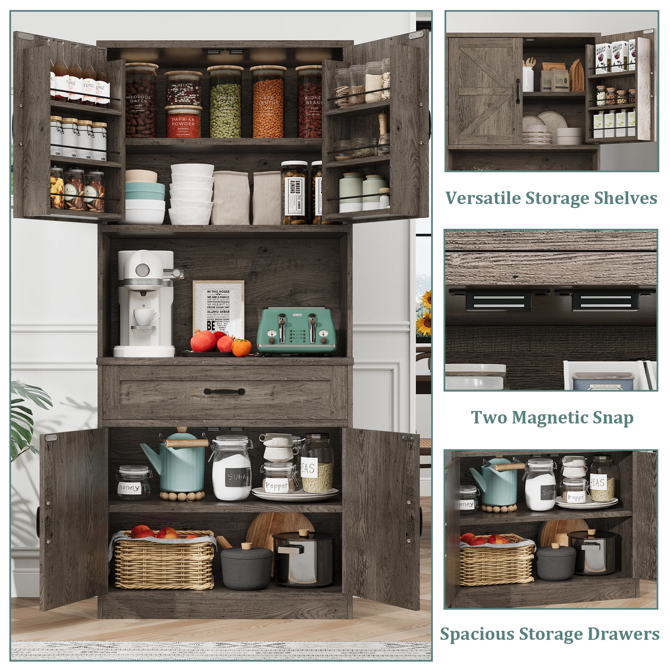 71'' Tall Kitchen Pantry Storage Hutch Cabinet with Doors and Shelves, Grey Oak(71'' Pantry Cabinet(Grey Oak)) - Image 10