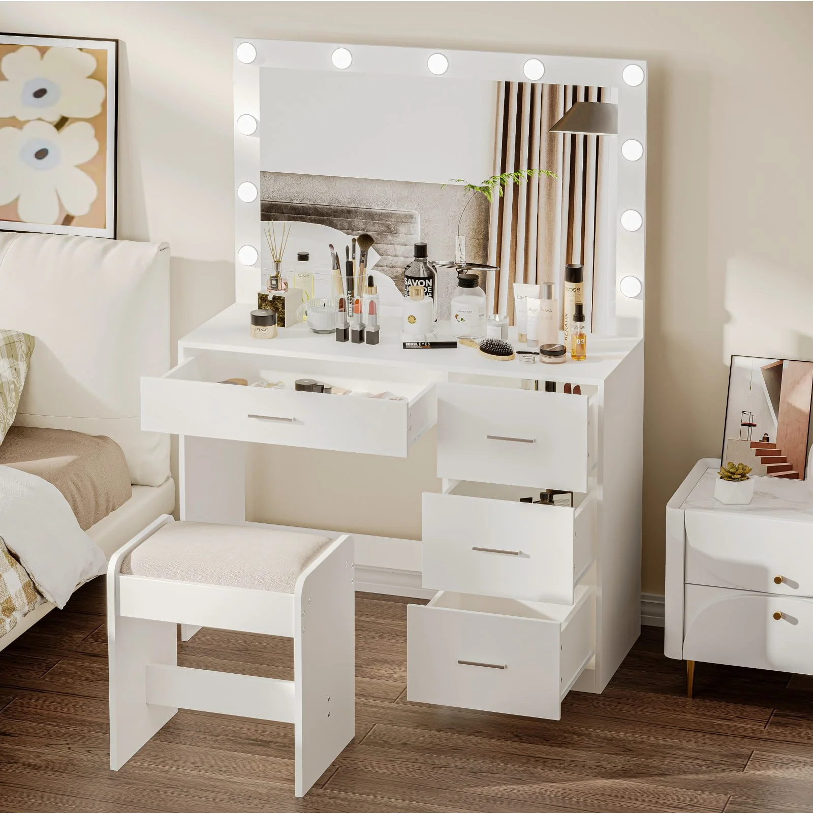 Modern Makeup Vanity Table with Lights, Vanity Desk with Mirror, 4 Drawers, Dressing Table, White(Black) Image 3