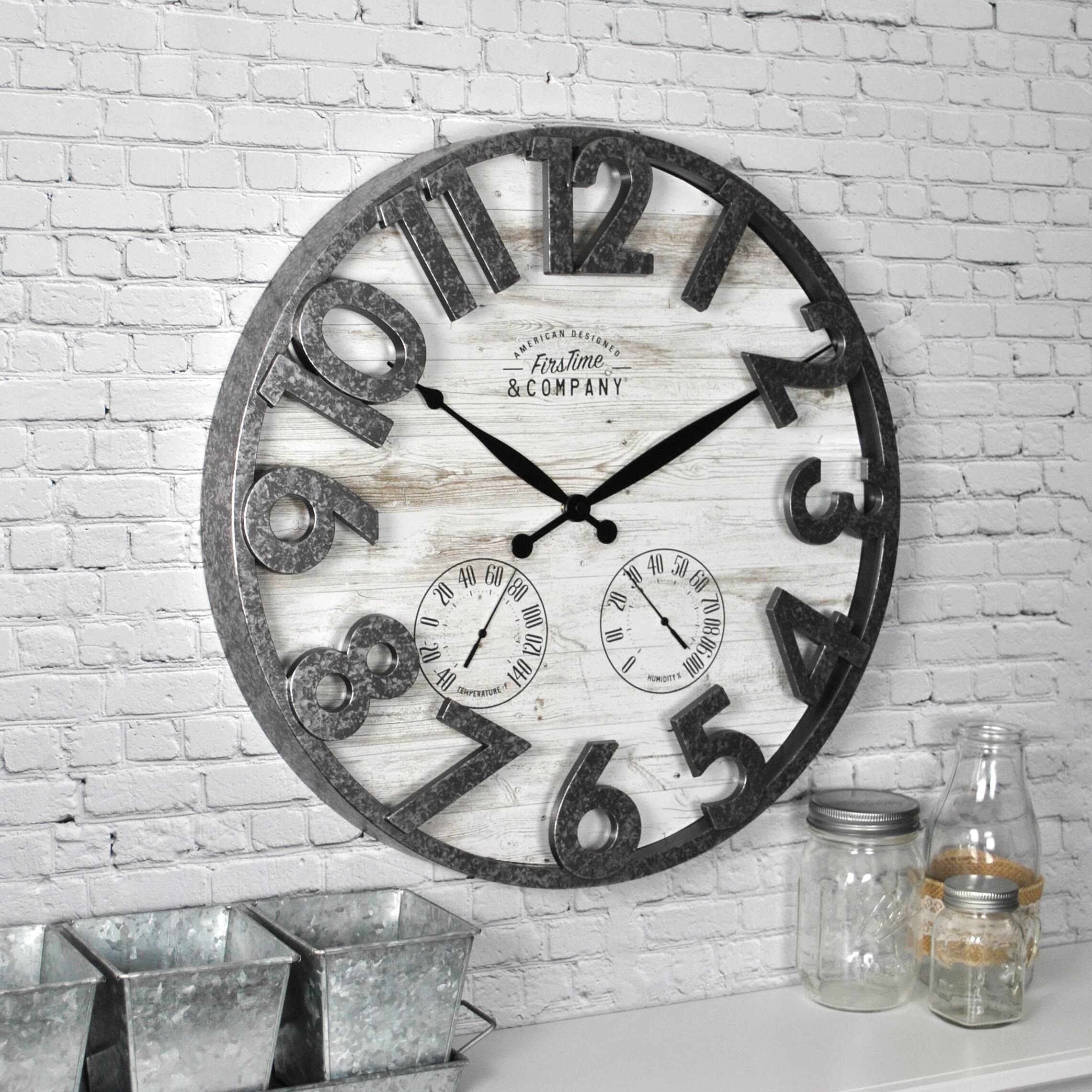 FirsTime & Co. Shiplap Farmhouse Outdoor Wall Clock, Light Gray, 18 x 2.5 x 18 in