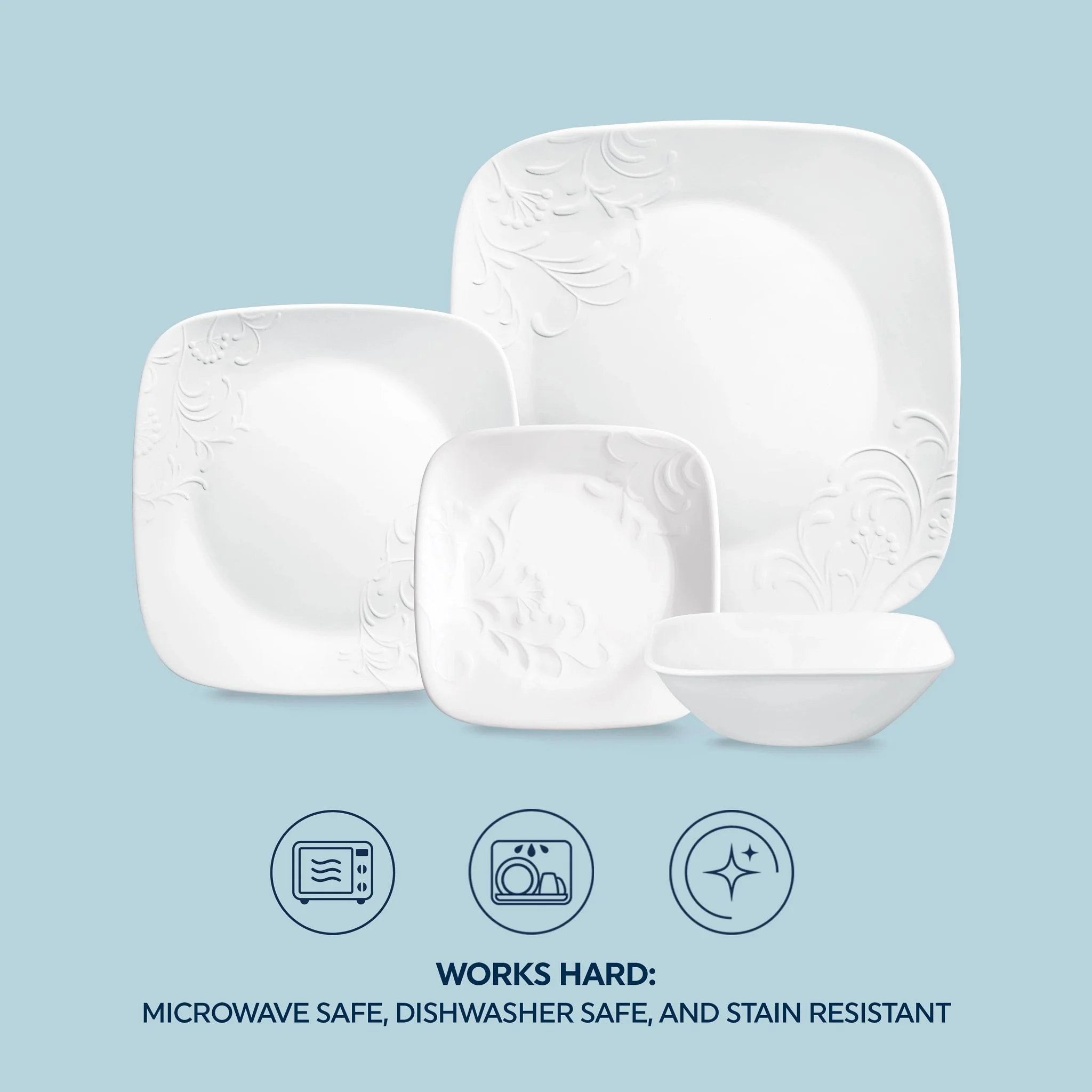Cherish 16 Piece Embossed Square Glass Dinnerware Set (Service for 4) Image 6