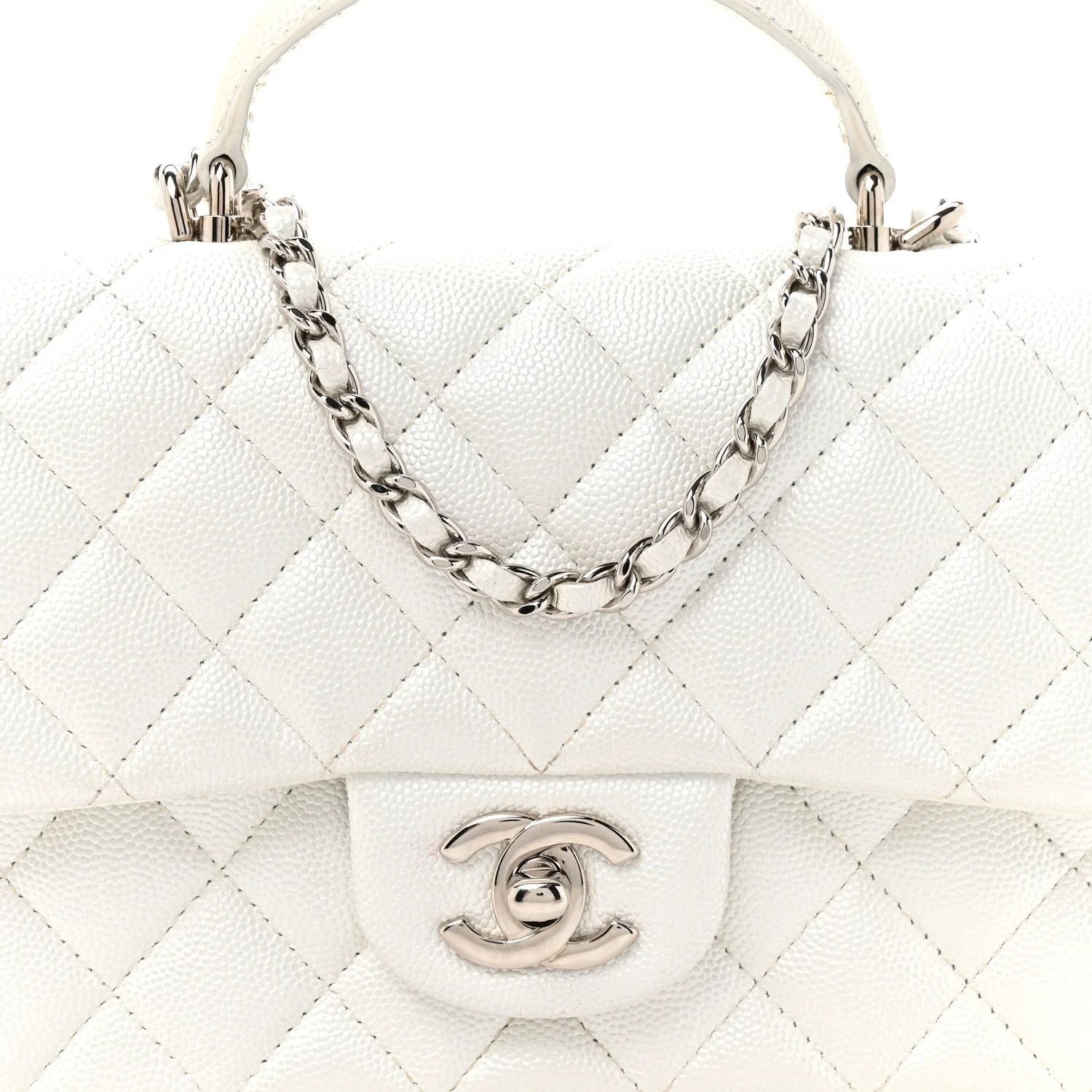 Metallic Caviar Quilted Mini Top Handle Rectangular Flap White