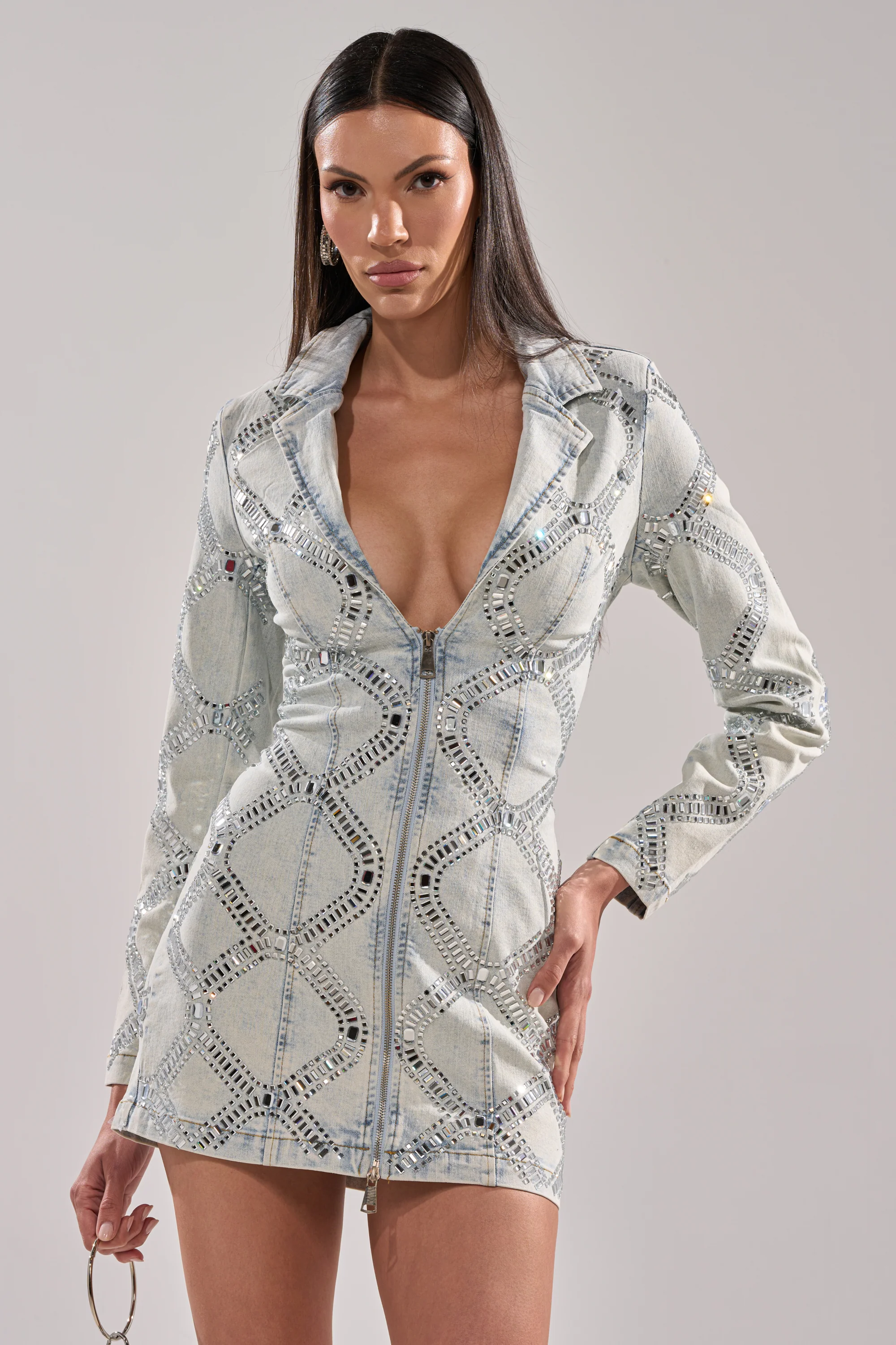 LOOK AT ME RHINESTONE BLAZER DRESS IN LIGHT BLUE DENIM - Akira Store