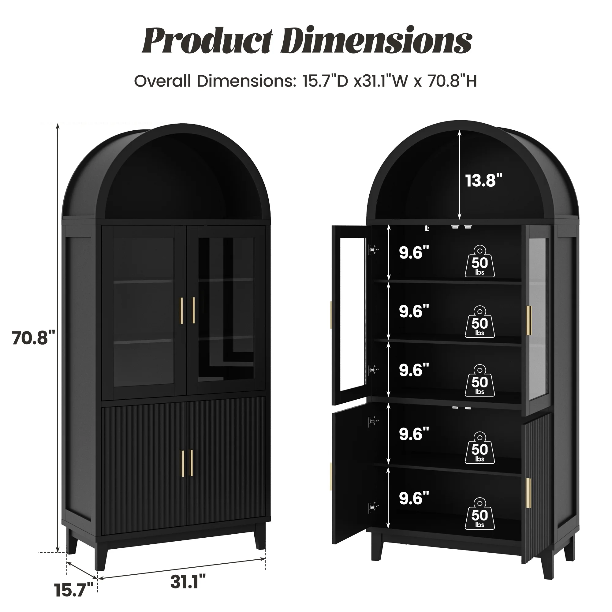 71" Tall Arch Cabinet, Wood Fluted Kitchen Kitchen Storage Cabinet with 4 Doors and 6 Shelves for Dining Room Living Room(black) - Image 9