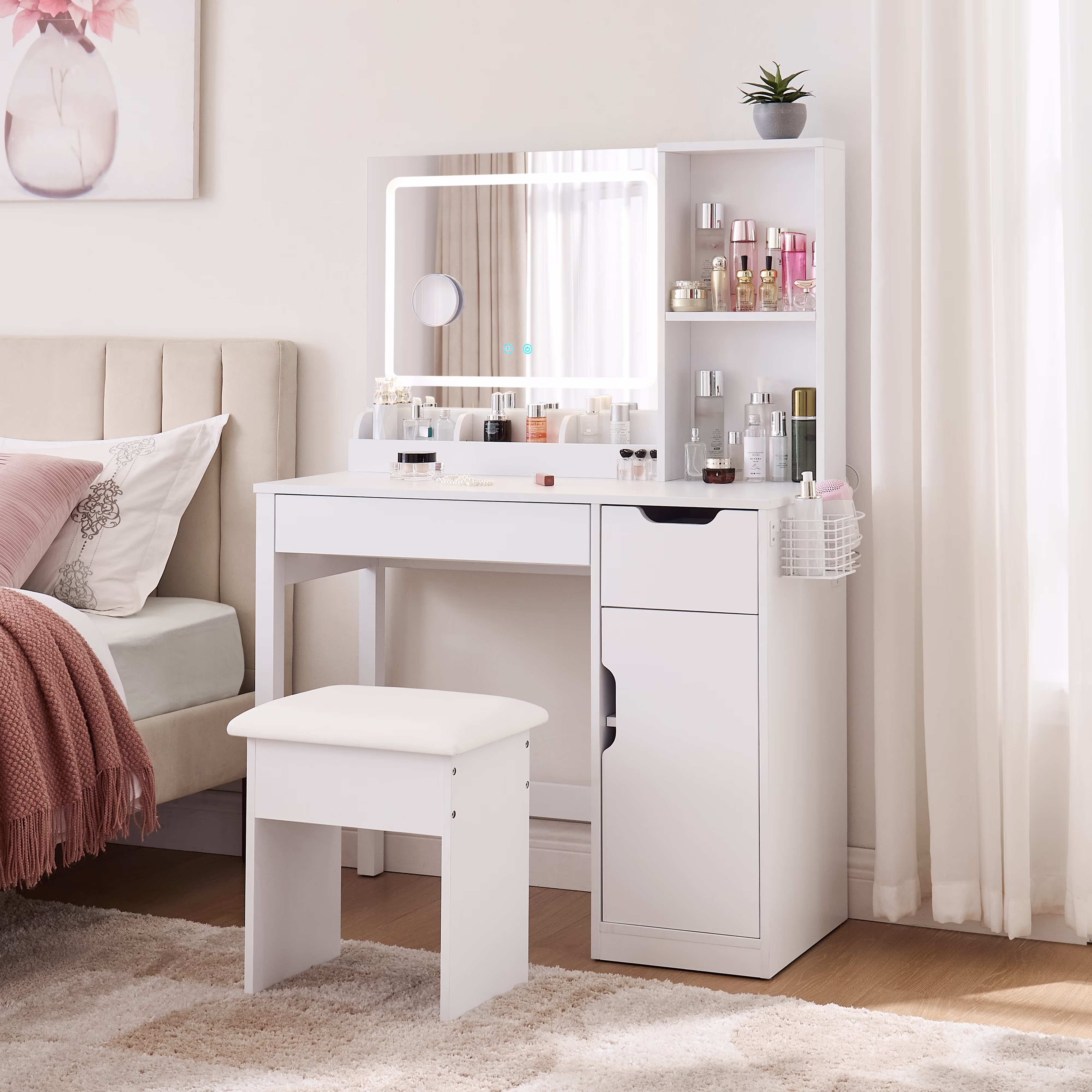 Get Ready with Me GRWM Deluxe 2-Piece Vanity and Stool with Lighted Mirror and USB Power, White Finish(White Right-side storage)