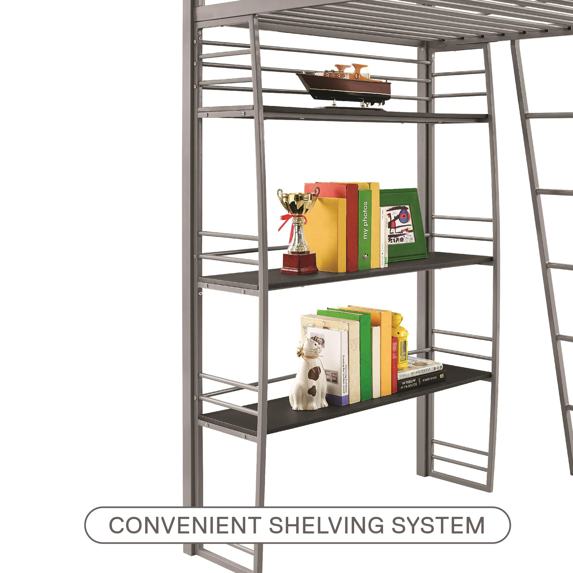 DHP Sage Studio Twin Metal Loft Bed with Integrated Desk and Shelves, Off White