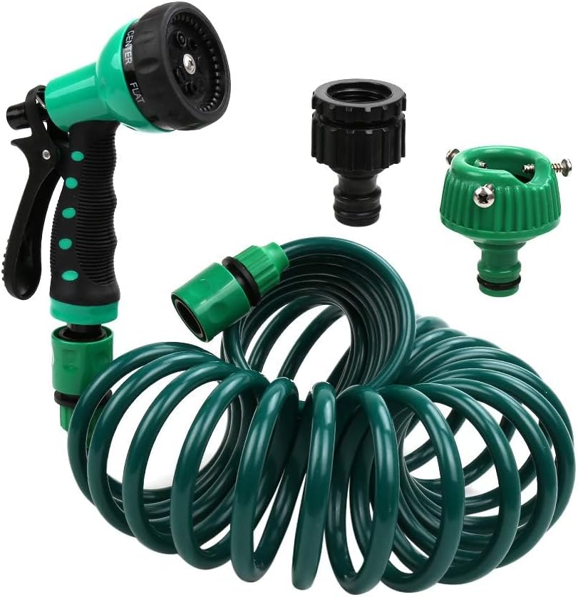 EVA Recoil Garden Hose 25ft - Includes 7 Pattern Spray Nozzle, Retractable Curly Water Hose (green)