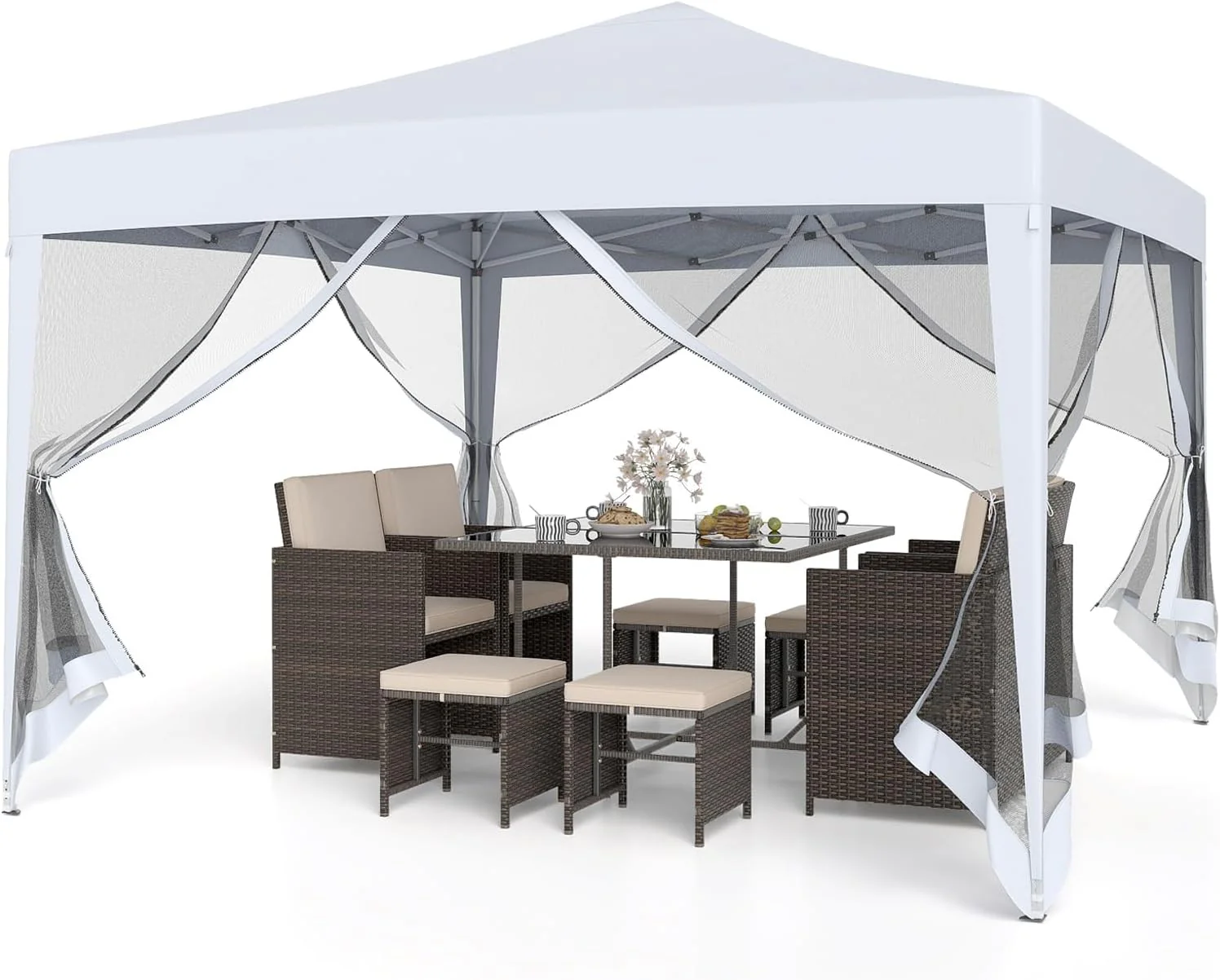 Tente pliante Goplus 3 m x 3 m, montage facile, abri instantané avec moustiquaire, sac de transport, 8 piquets et 4 cordes, pare-soleil réglable en hauteur, tente commerciale pour le camping (couleur café)