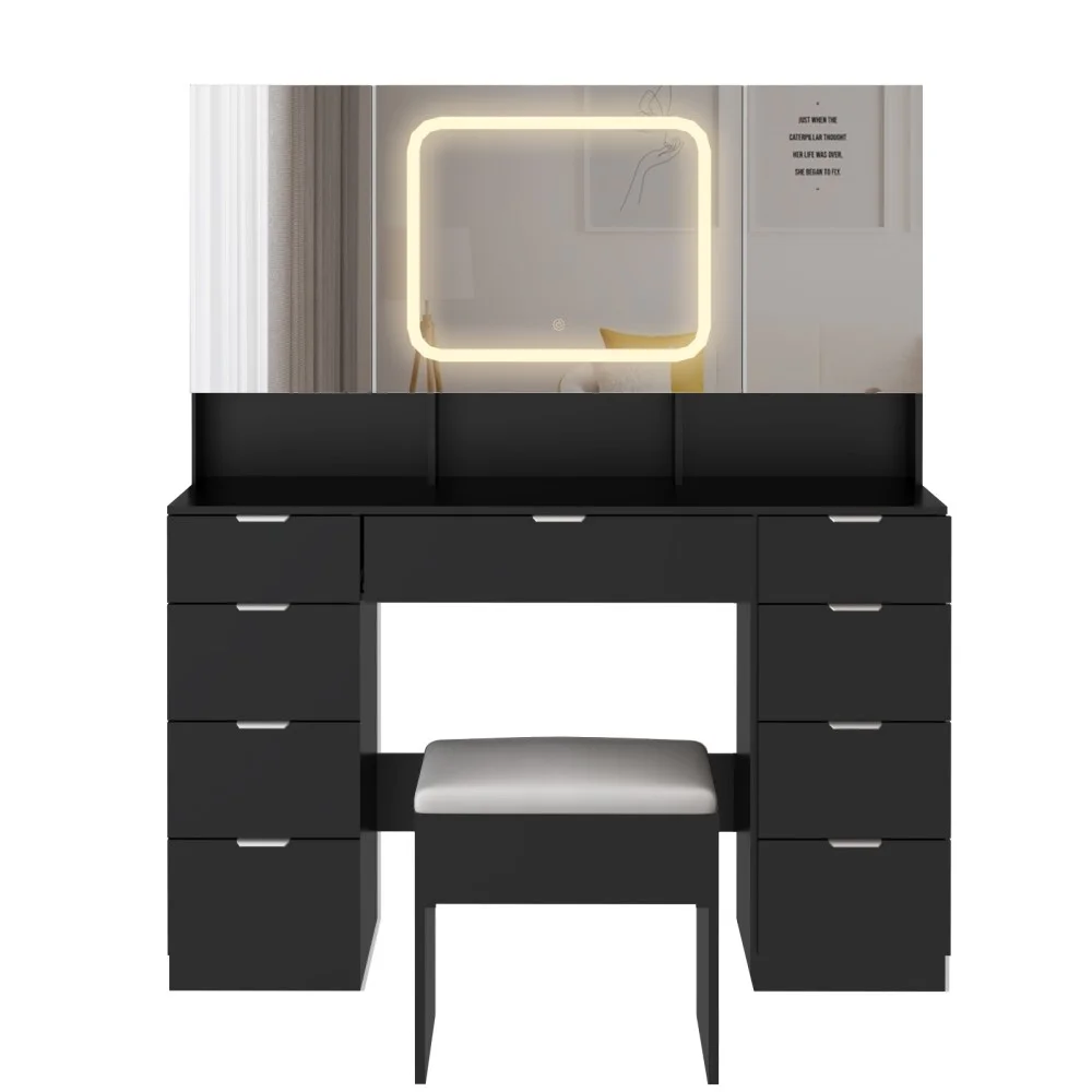 Vanity Desk Set with Large LED Lighted Mirror Power Outlet, Makeup Dressing Table with 9 Drawers and 3 Cabinets in Mirrored Doors, 47" Vanity Table with Cushioned Stool for Bedroom, Black(Black) - Image 8