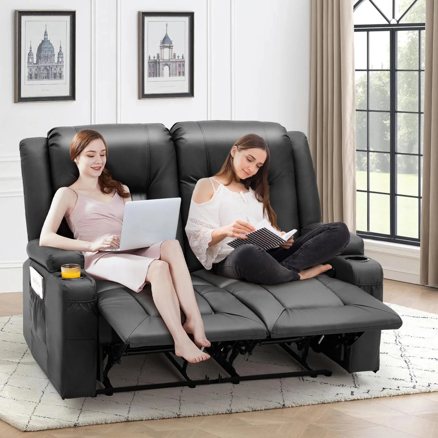 AECOJOY Loveseat Recliner with Cup Holders&Side Pockets, Black, 2
