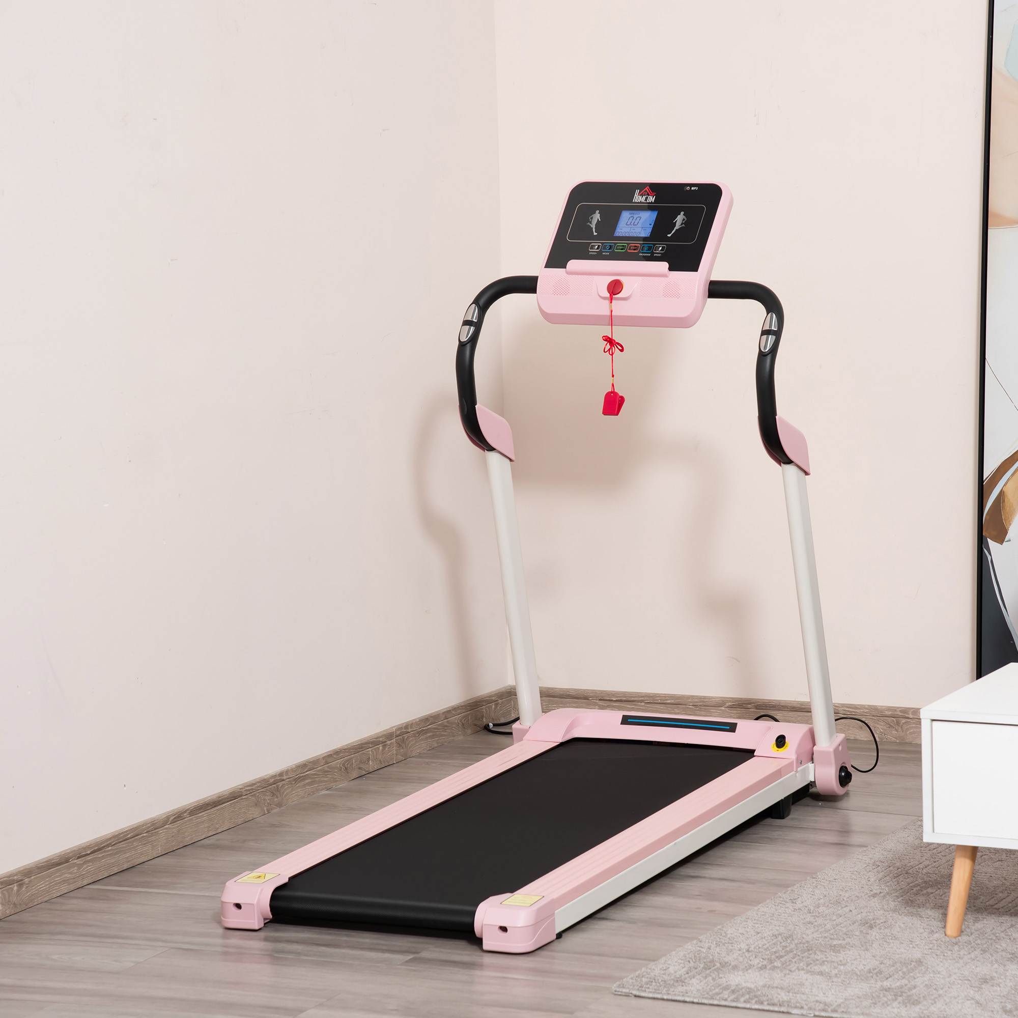 HOMCOM loopband opvouwbaar elektrisch 400 W 1-12 km/u 1.5HP mobiele telefoon houder roze