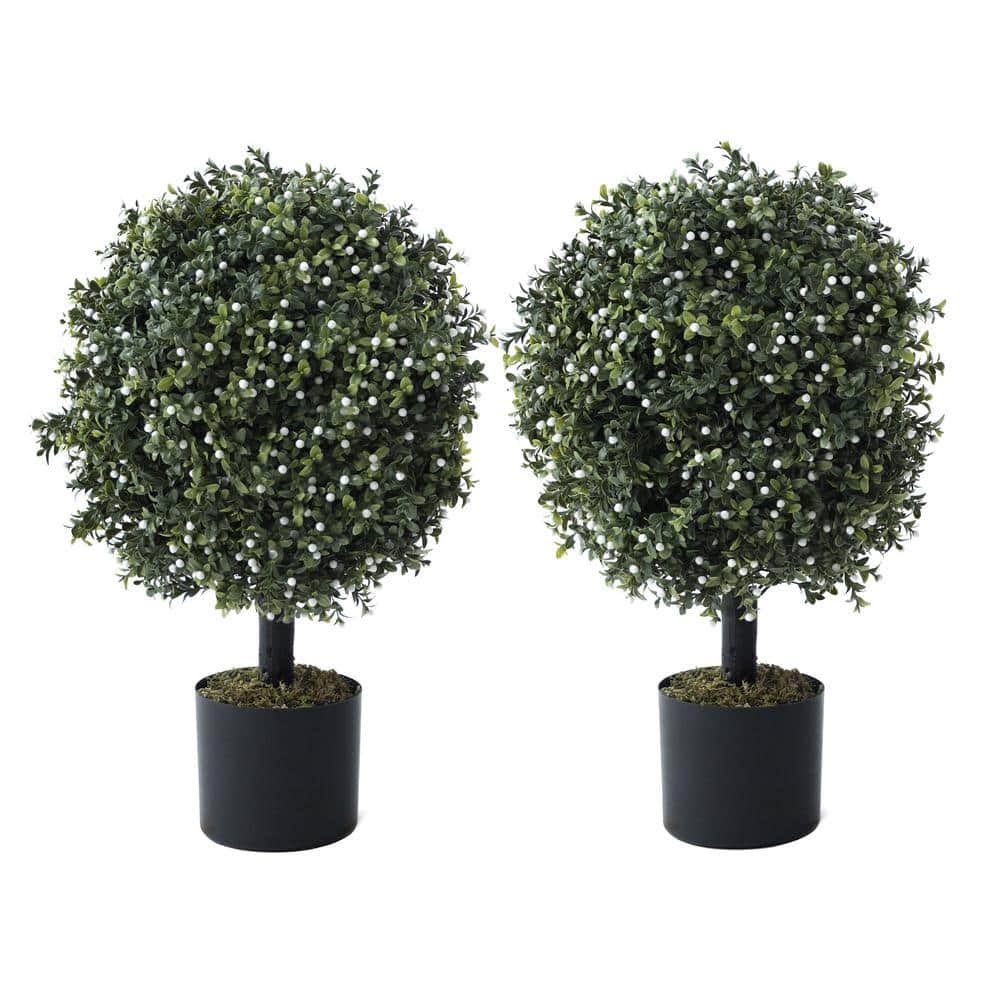 CAPHAUS Artificial Boxwood Topiary Ball Tree Set of 2, Artificial UV Resistant Bushes, Faux Potted Tree, Plant in Pot w/ Dried Moss, Fake Shrubs for