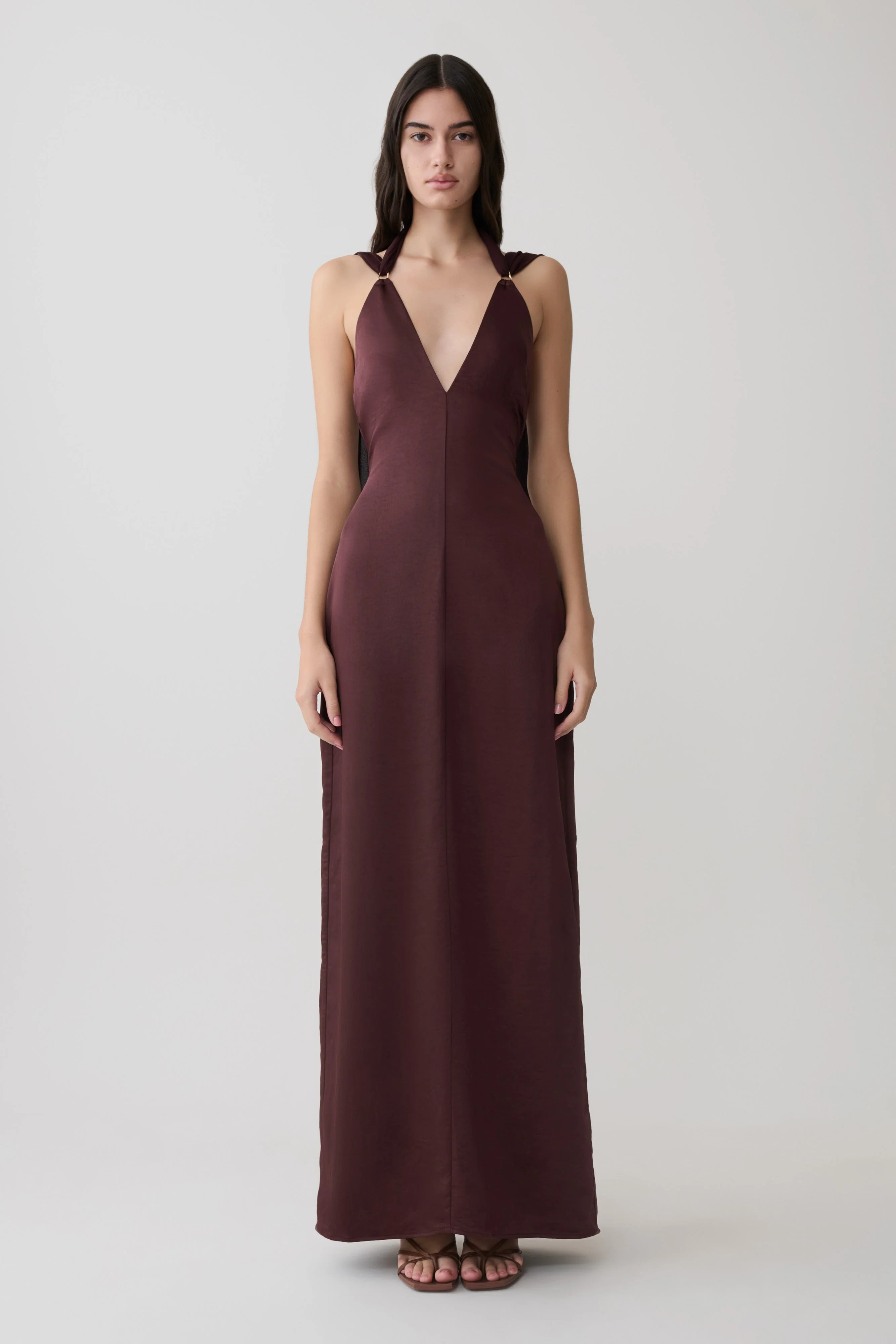 Myla Draped Shoulders Satin Maxi Dress - Chocolate