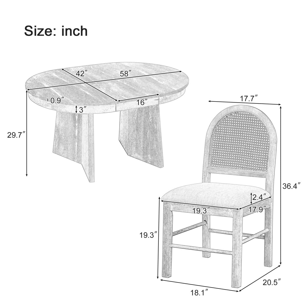 5-Piece Extendable Dining Table Set for 4 People, Solid Wood Kitchen Table Set with 4 Upholstered Chairs and Rattan Backrests for Dining Room and Kitchen, Natural(Natural) - Image 4