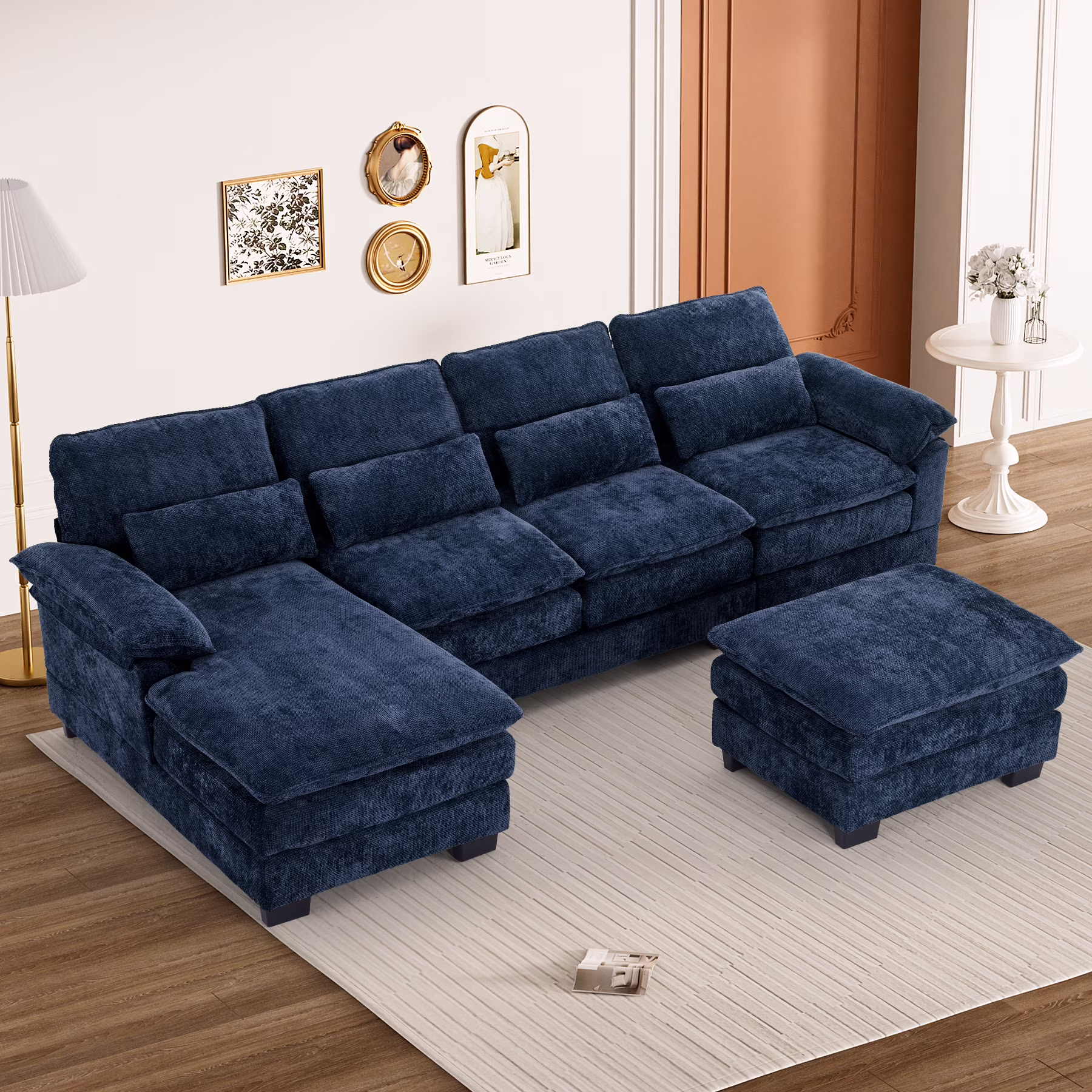 114 3" U Shaped Sectional Couches for Living Room,Cloud Couch,4 Seats Chenille Couch with Double Layer Cushion,Orange(Orange) Image 7