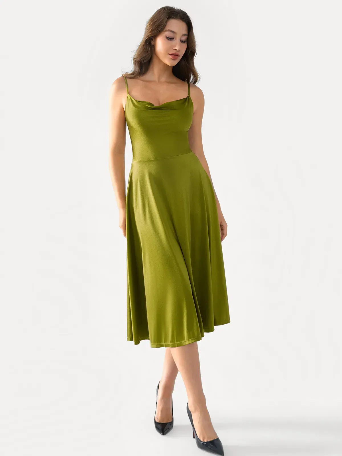 Shapewear Strappy Cowl Neck Fit & Flare Midi Dress