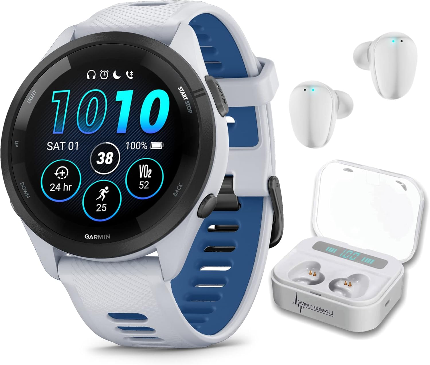 Wearable4U Garmin Forerunner 265 Music GPS Running 46 mm Smartwatch  Whitestone with AMOLED Touchscreen Display White Earbuds Bundle
