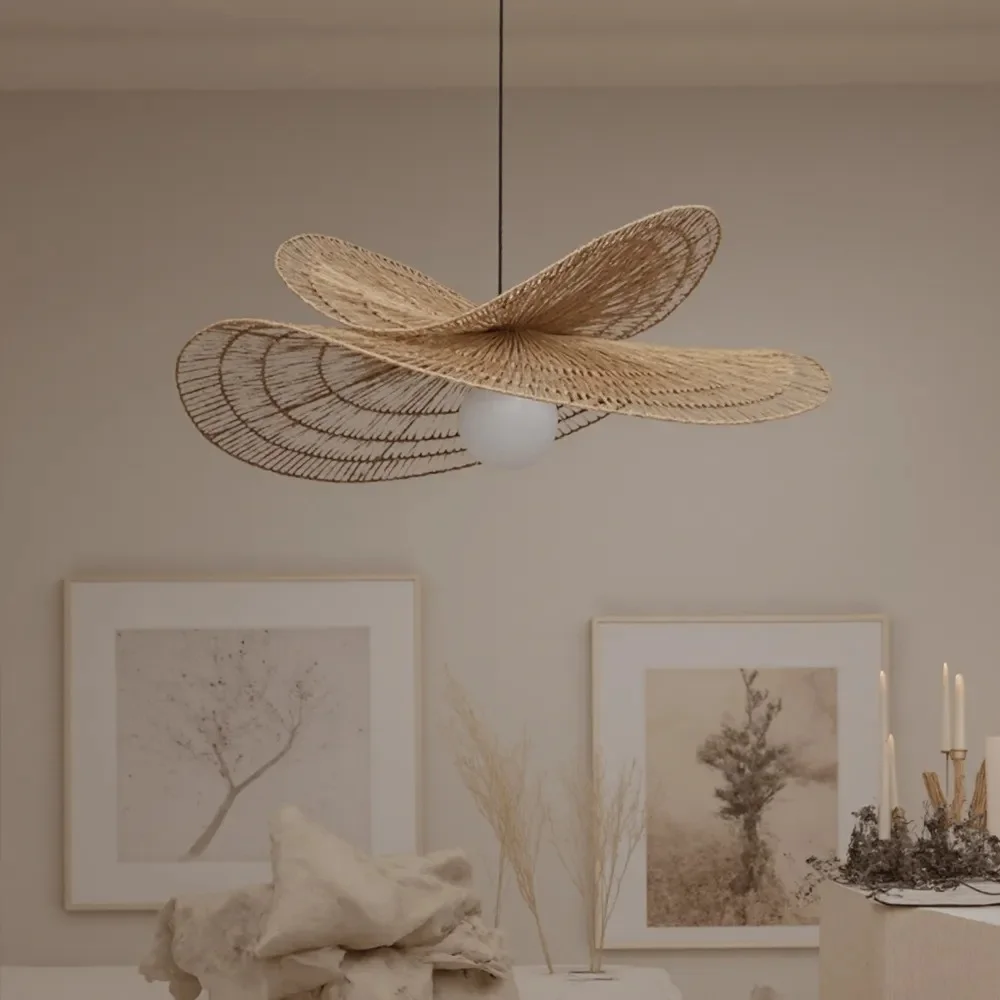 Arturesthome Vintage Handmade Rattan Woven Creative Double-Layer Straw Hat Pendant Light