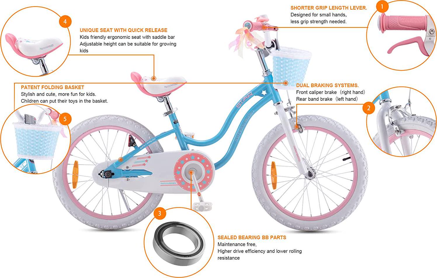 Royalbaby Girls Kids Bike Stargirl 18 In. Bicycle Basket Kickstand Blue Child - S Cycle