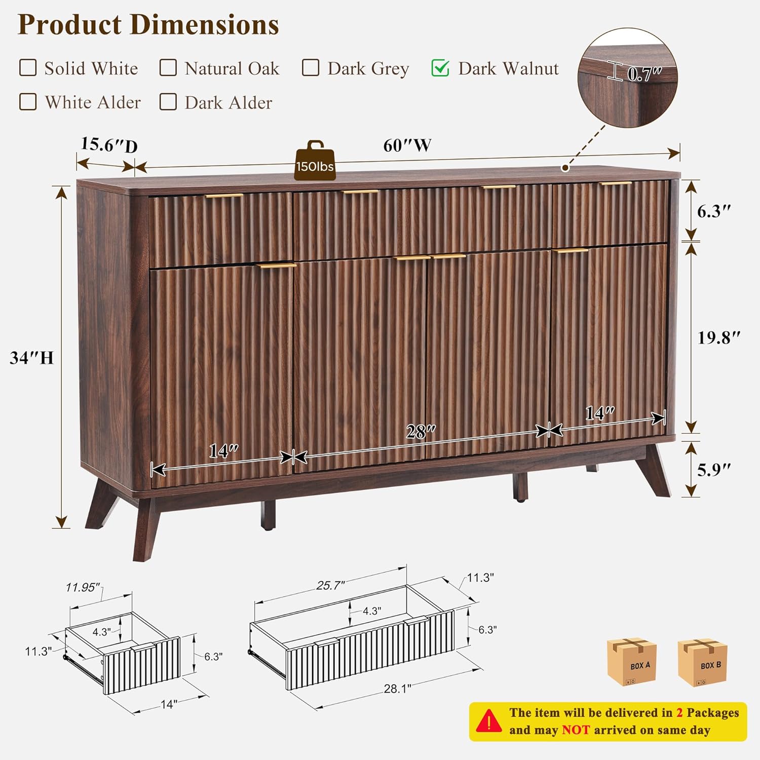 T4TREAM Fluted Buffet Sideboard Cabinet with Storages, 60