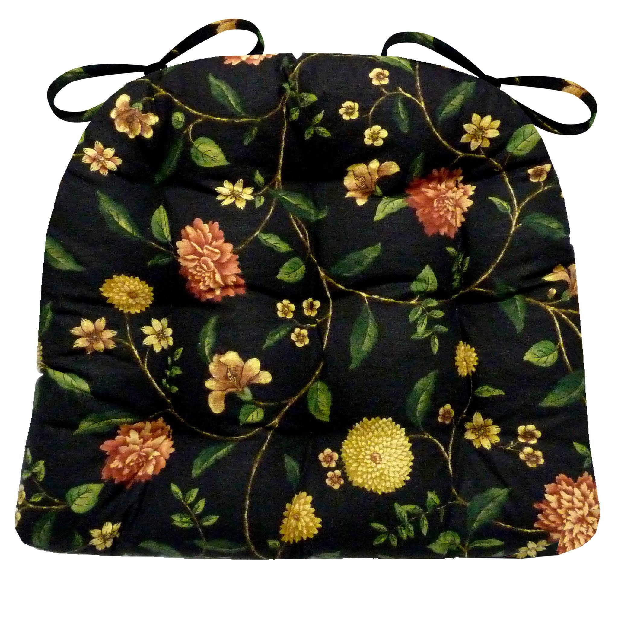 Nassau Black Floral Dining Chair Pad with Ties - Extra-Large - Latex Foam Fill Cushion - Machine Washable Reversible Solid Col