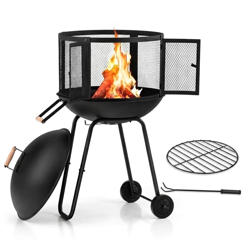 28" Portable Metal Fire Pit with Wheels, Outdoor Firepit